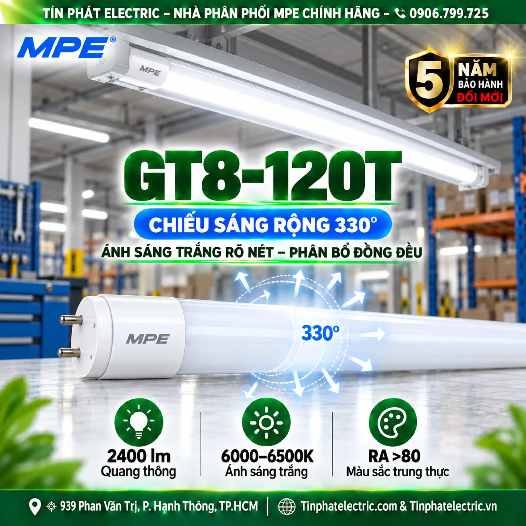 Đèn LED Tube Thủy Tinh MPE 1,2m 18W ánh sáng trắng GT8-120T