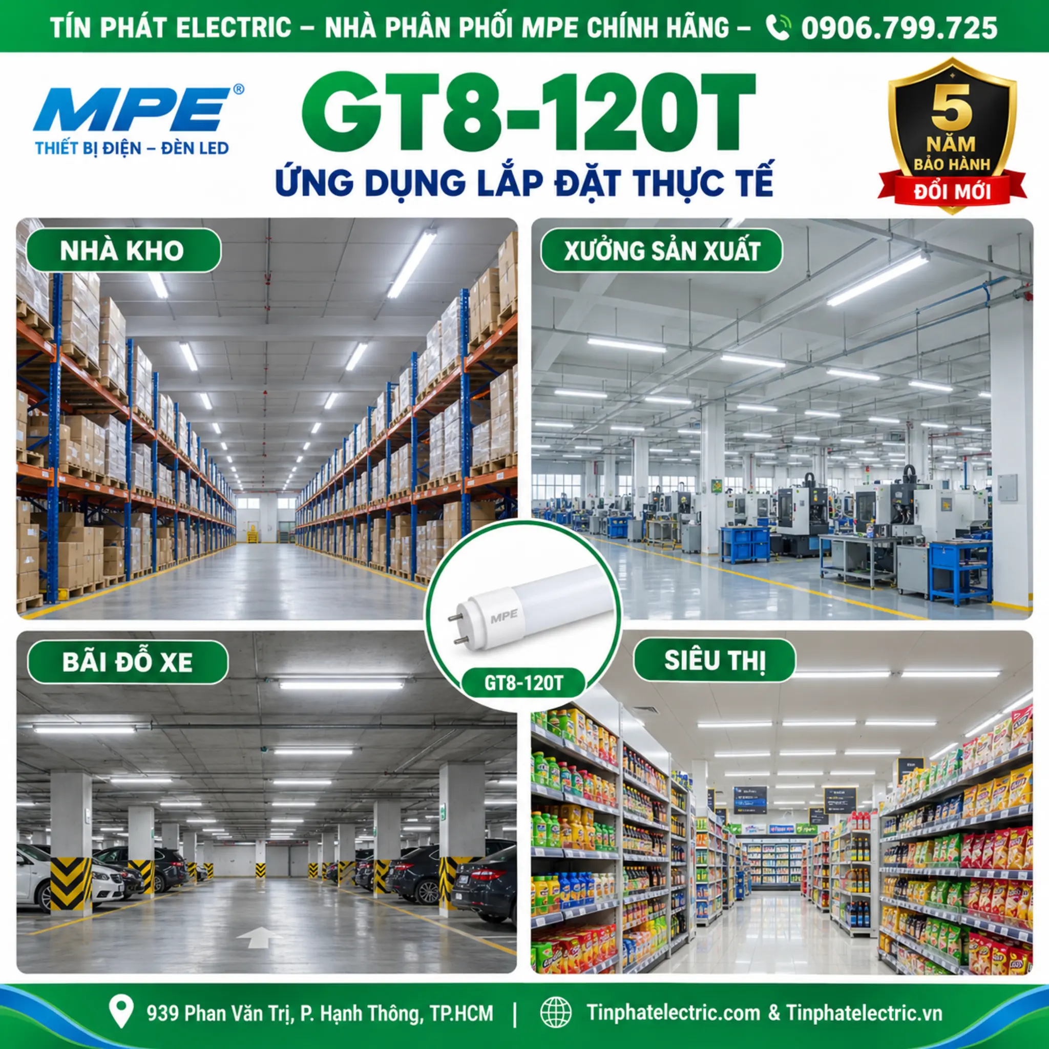 Đèn LED Tube Thủy Tinh MPE 1,2m 18W ánh sáng trắng GT8-120T