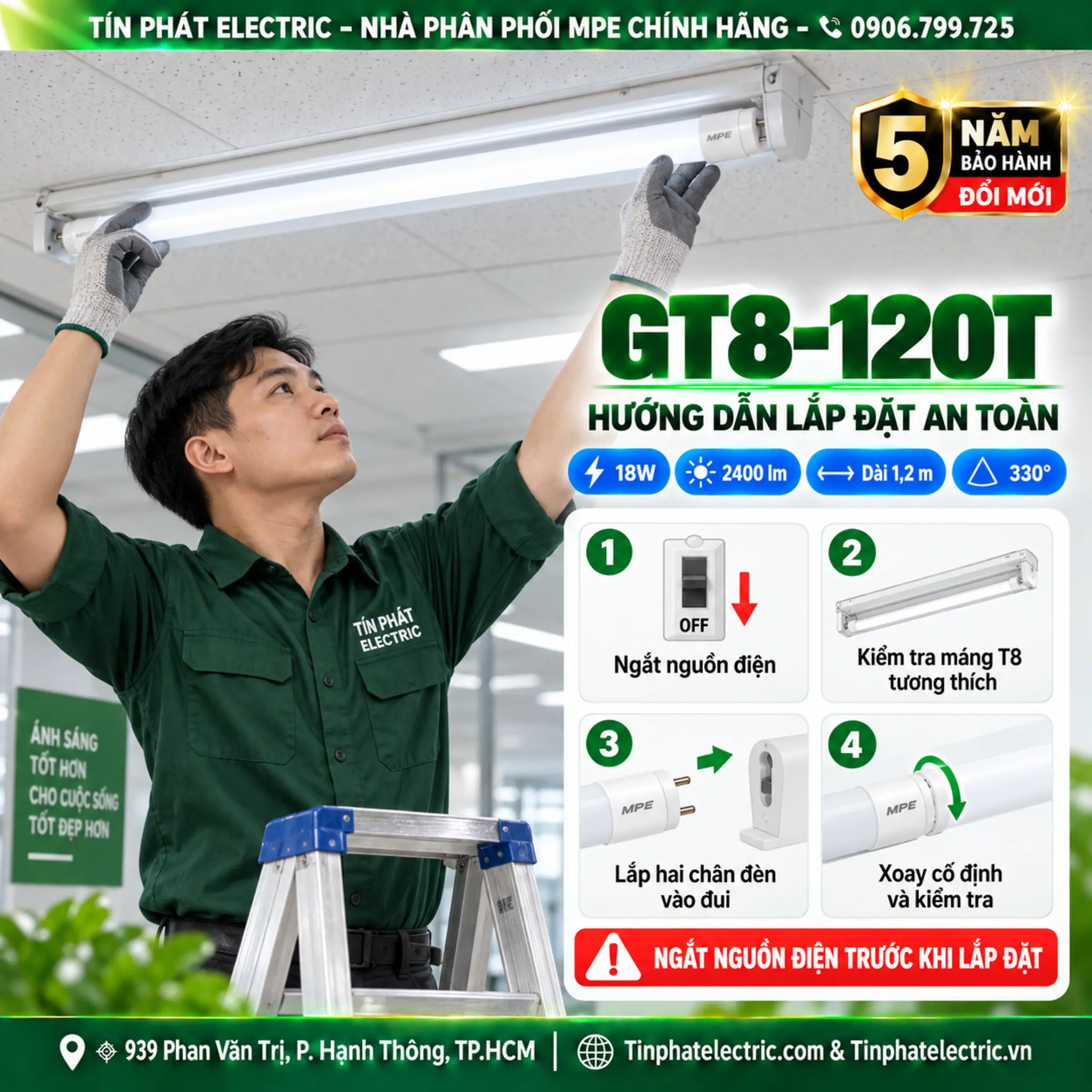 Đèn LED Tube Thủy Tinh MPE 1,2m 18W ánh sáng trắng GT8-120T
