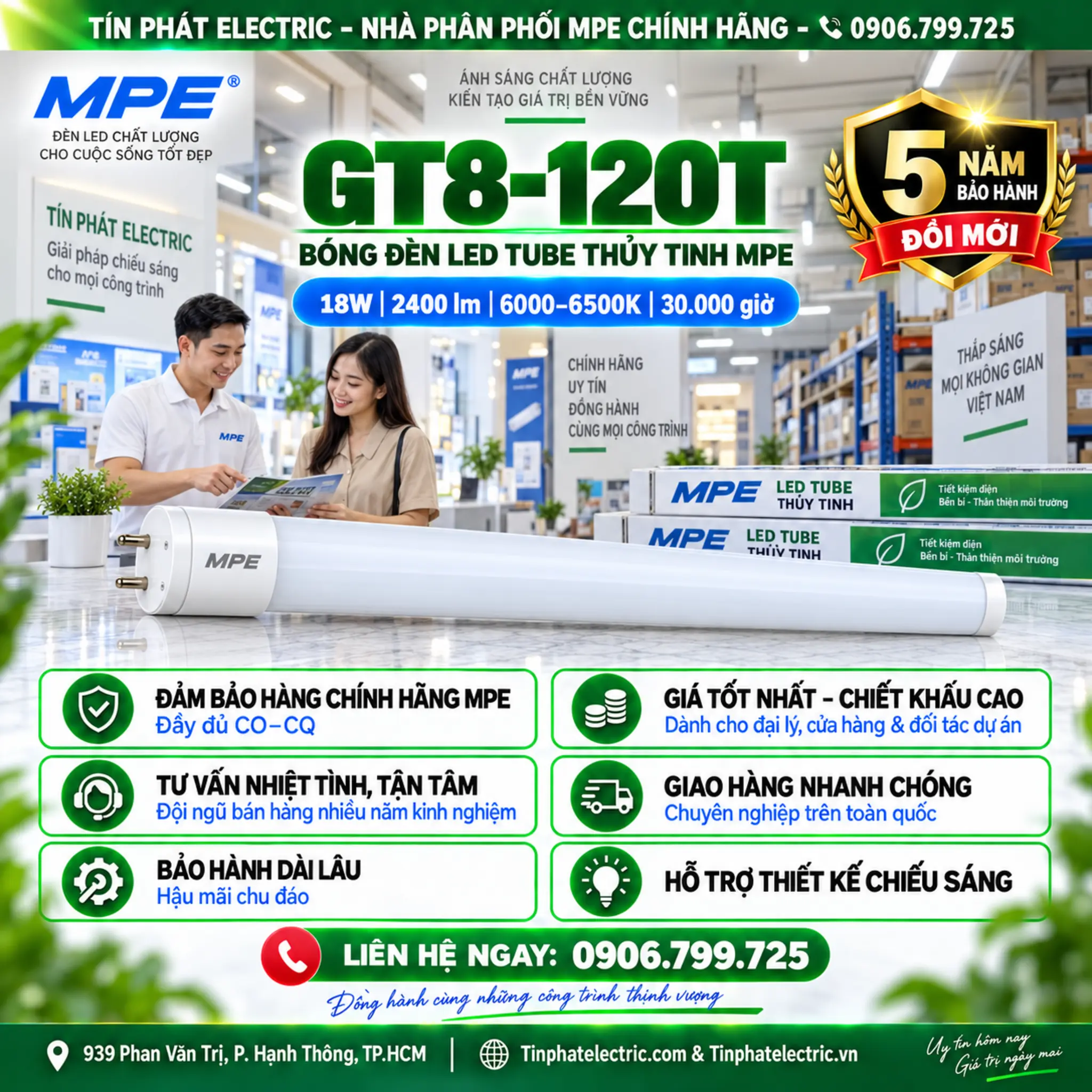 Đèn LED Tube Thủy Tinh MPE 1,2m 18W ánh sáng trắng GT8-120T