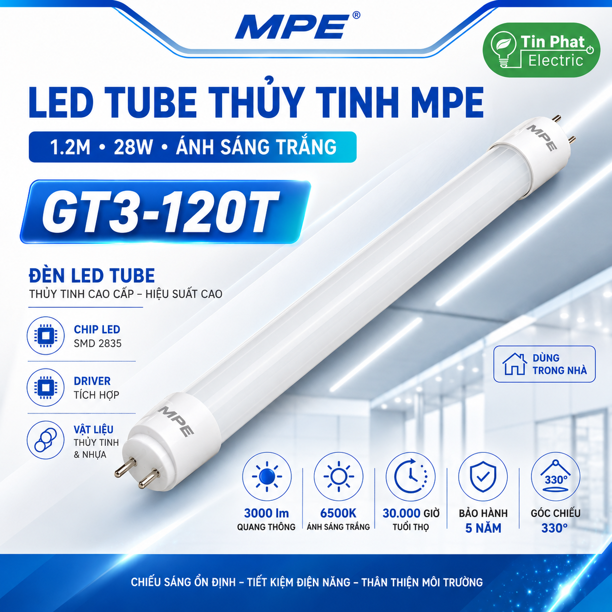 Đèn LED Tube Thủy Tinh MPE 1,2m 28W ánh sáng trắng GT3-120T