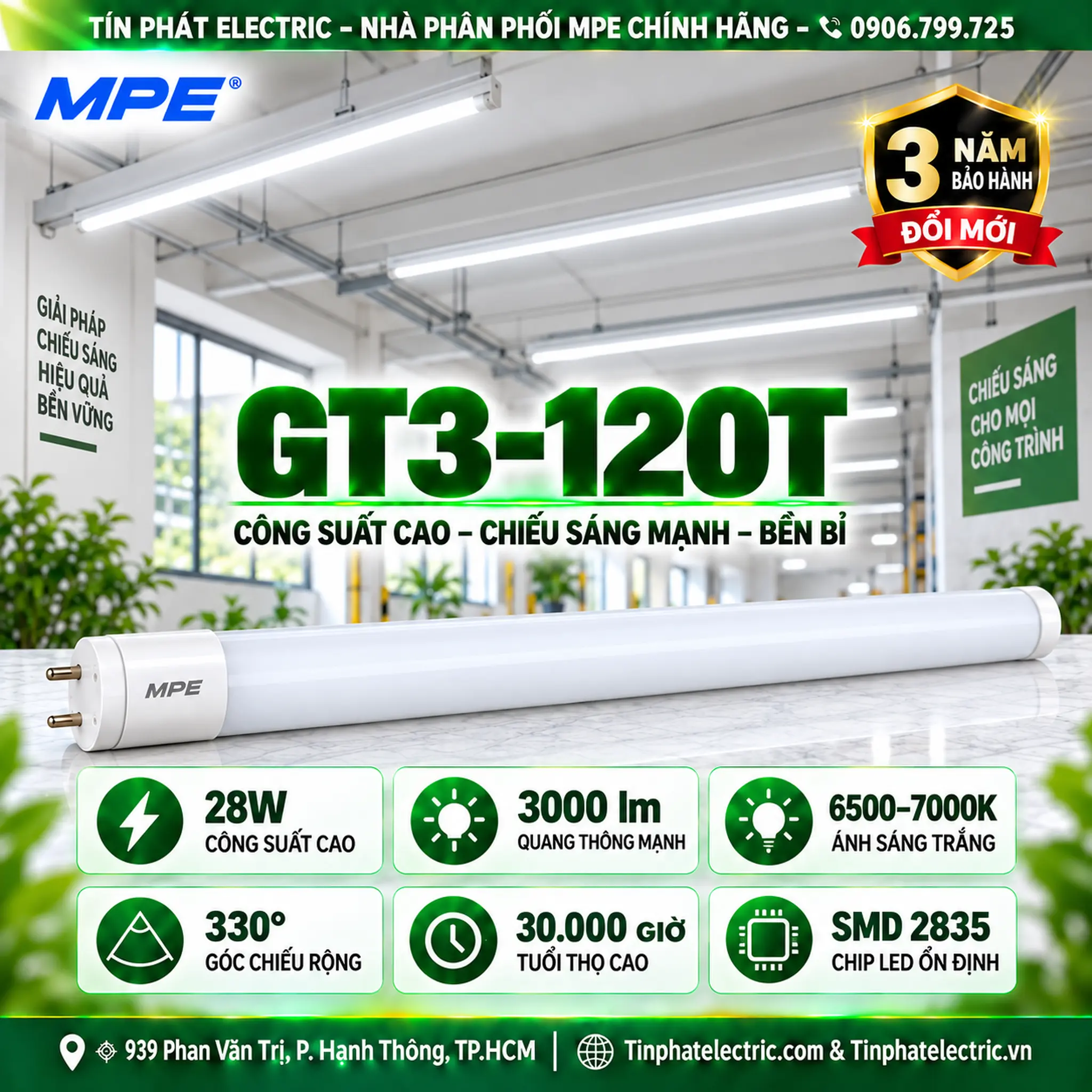 Đèn LED Tube Thủy Tinh MPE 1,2m 28W ánh sáng trắng GT3-120T