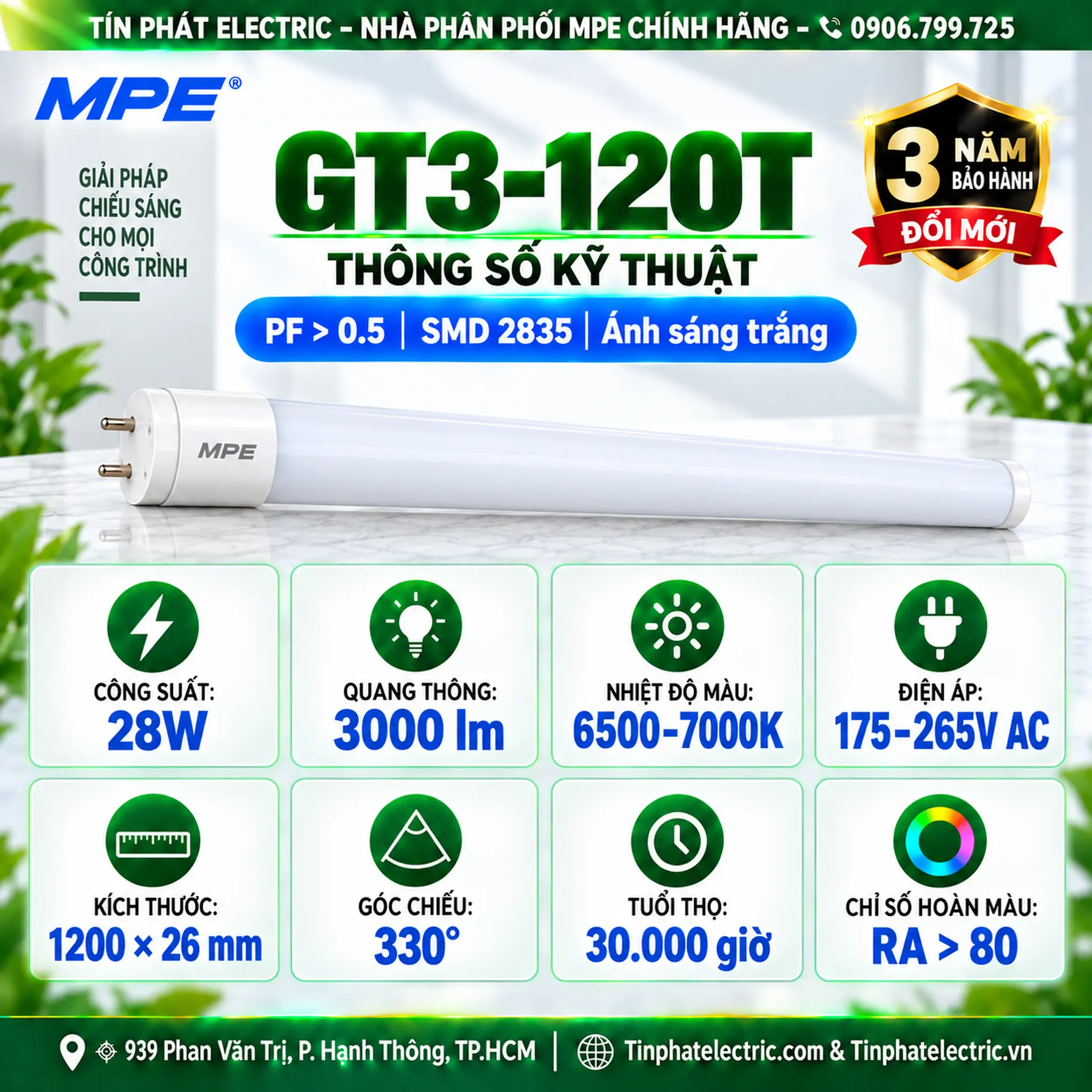 Đèn LED Tube Thủy Tinh MPE 1,2m 28W ánh sáng trắng GT3-120T