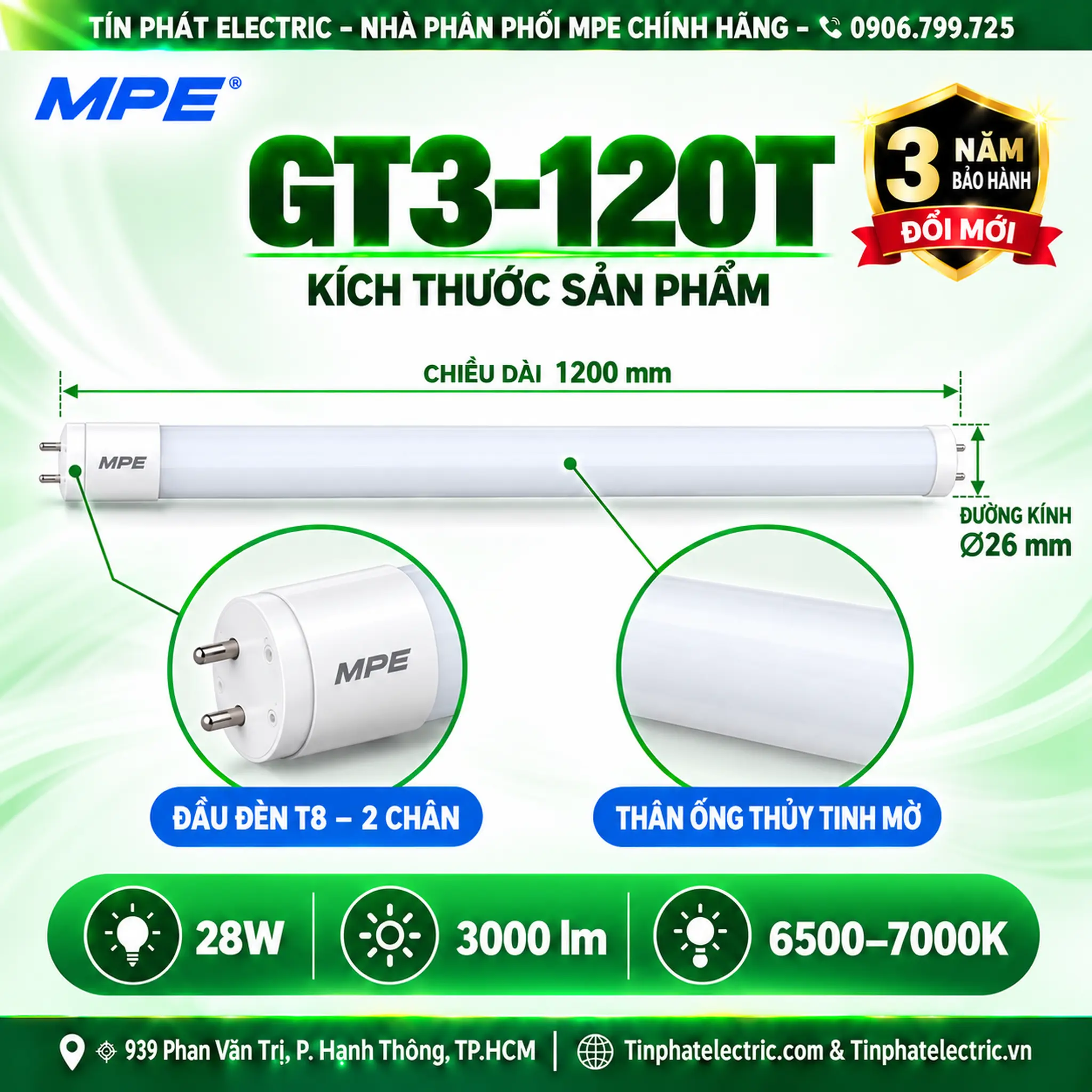 Đèn LED Tube Thủy Tinh MPE 1,2m 28W ánh sáng trắng GT3-120T