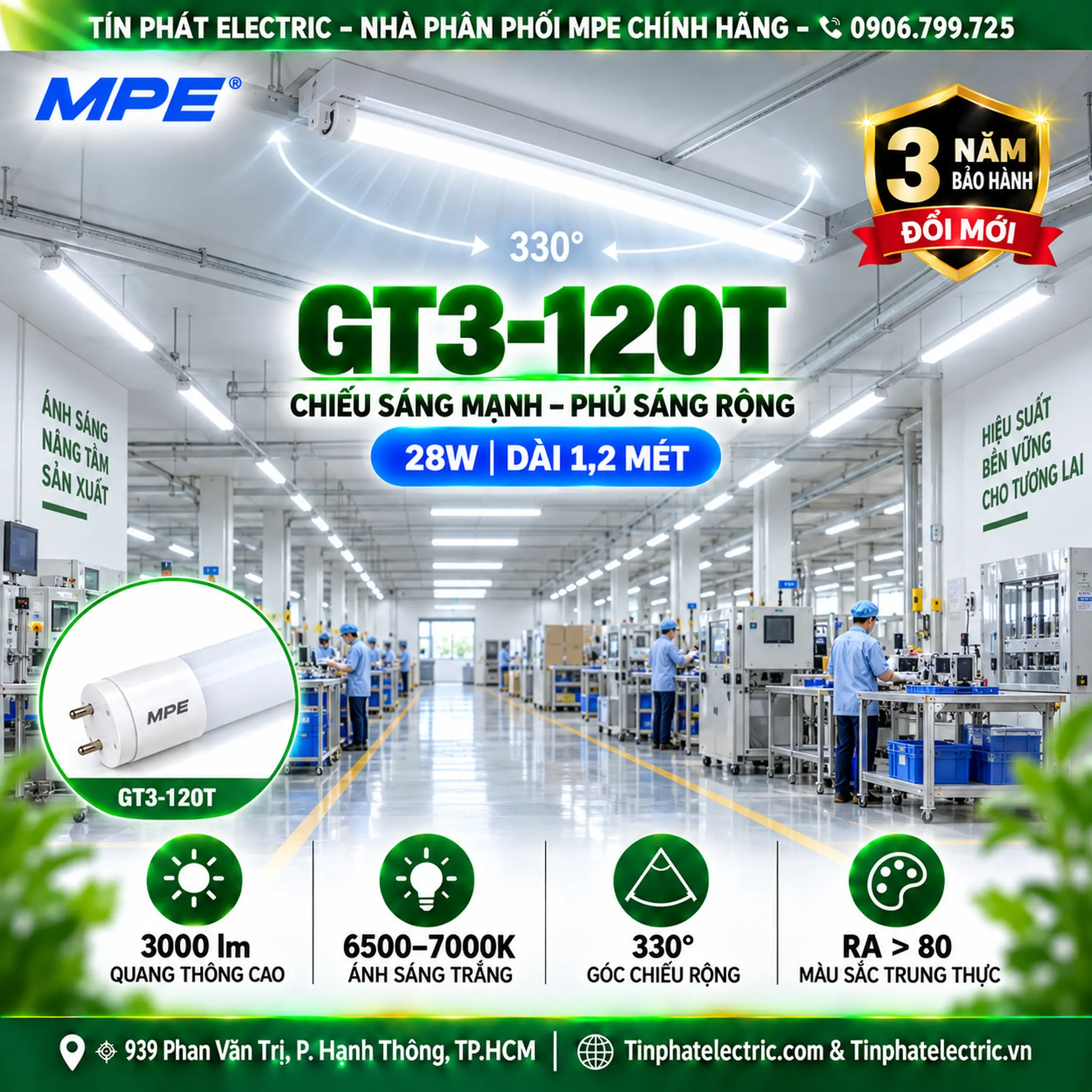 Đèn LED Tube Thủy Tinh MPE 1,2m 28W ánh sáng trắng GT3-120T