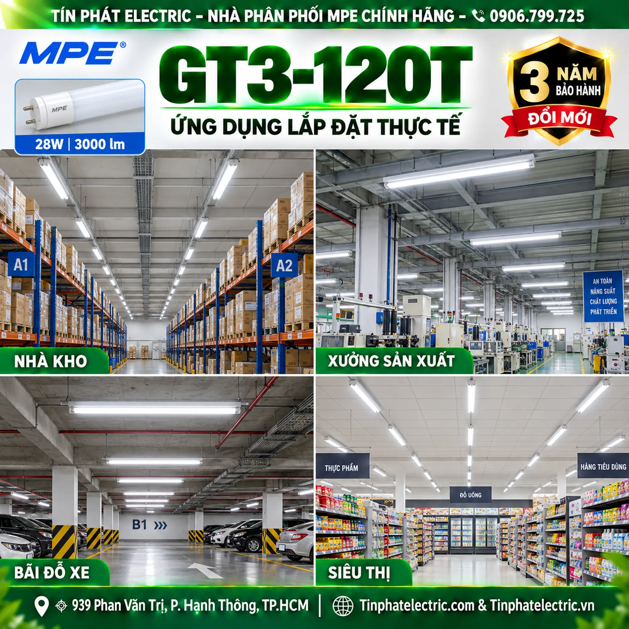 Đèn LED Tube Thủy Tinh MPE 1,2m 28W ánh sáng trắng GT3-120T