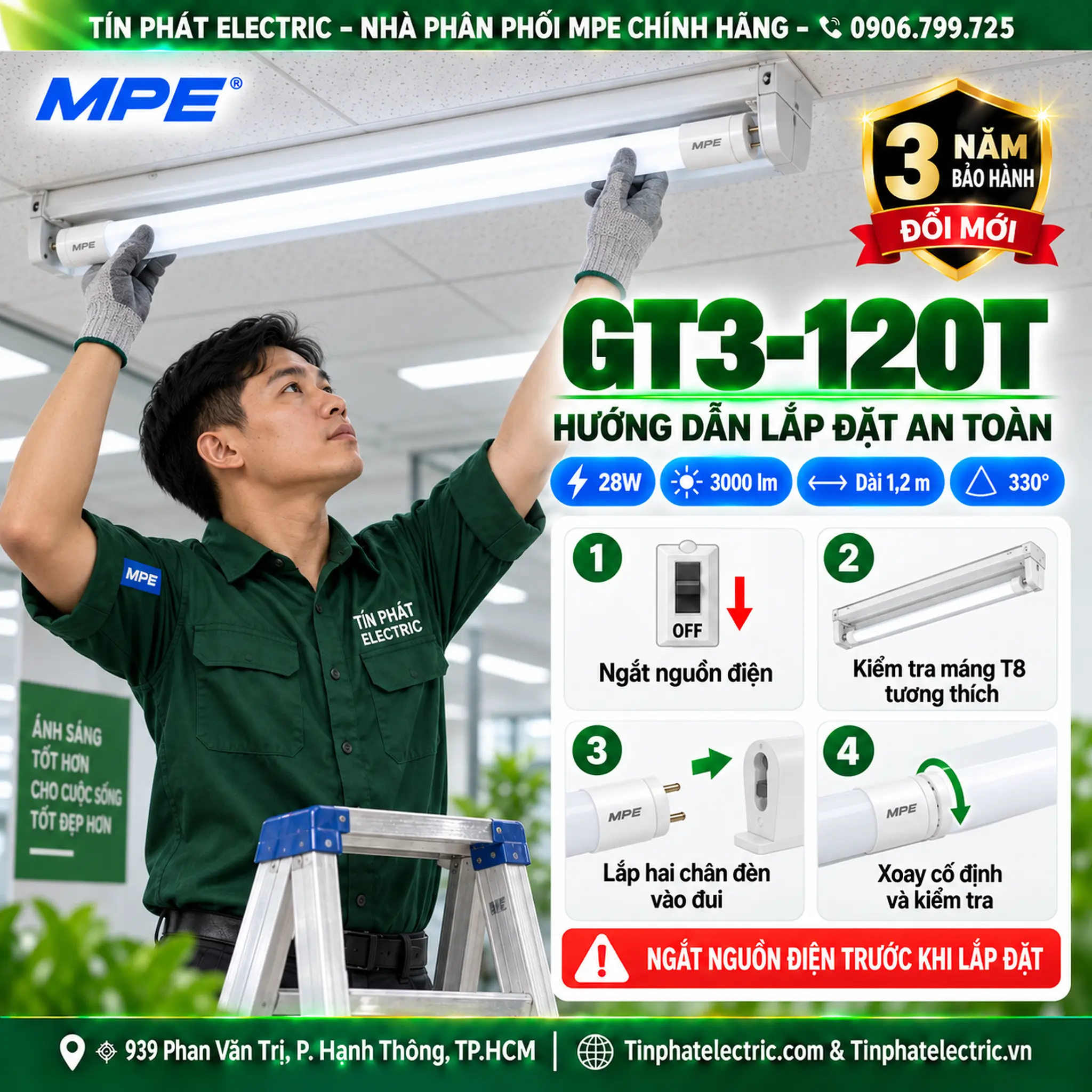 Đèn LED Tube Thủy Tinh MPE 1,2m 28W ánh sáng trắng GT3-120T