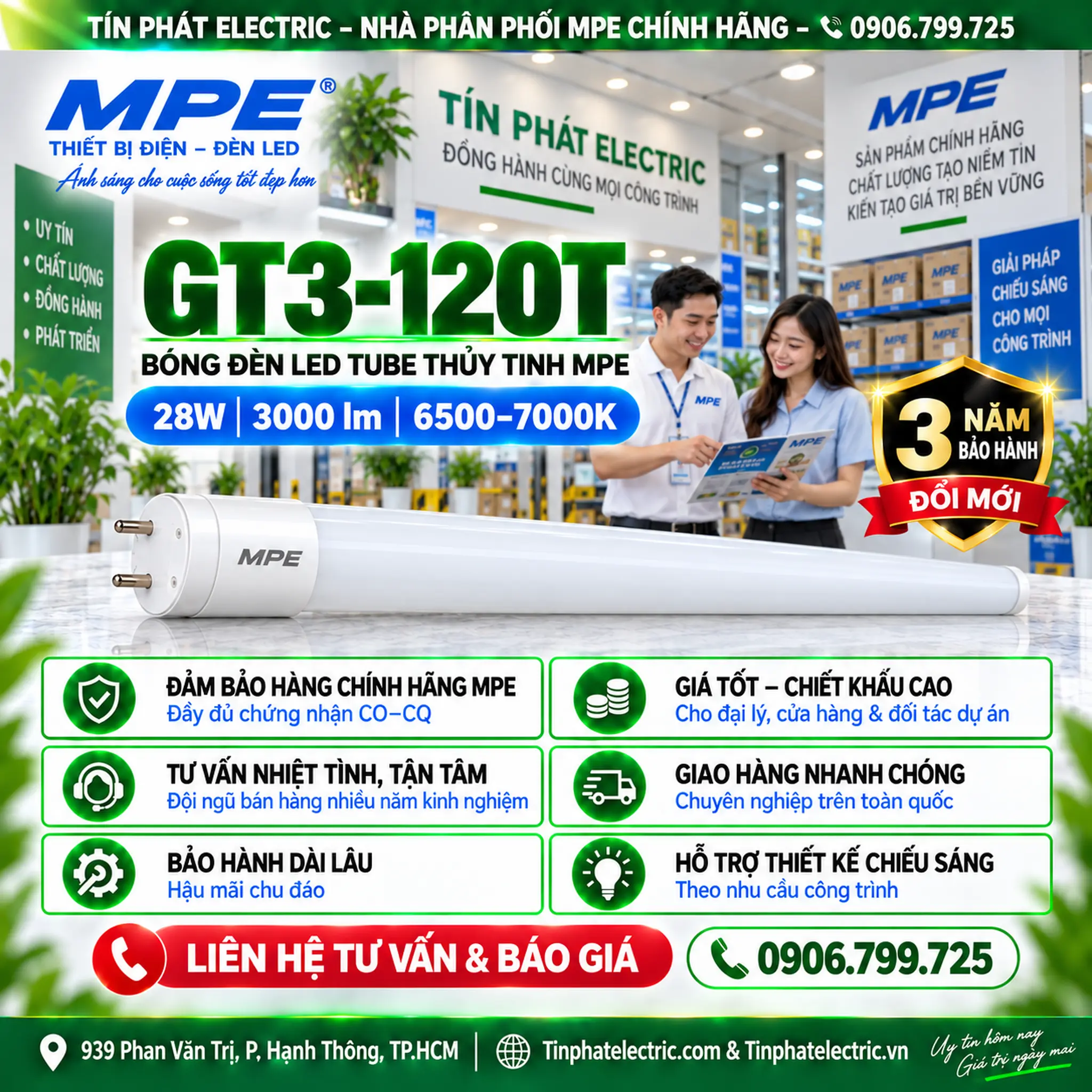 Đèn LED Tube Thủy Tinh MPE 1,2m 28W ánh sáng trắng GT3-120T