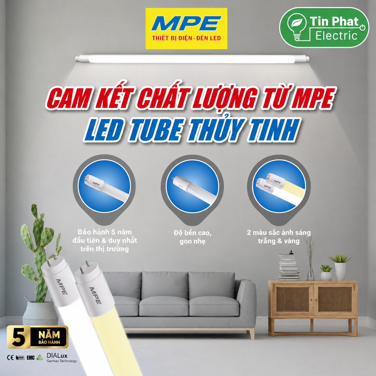 Đèn LED Tube Thủy Tinh MPE 1,2m 28W ánh sáng trắng GT3-120T