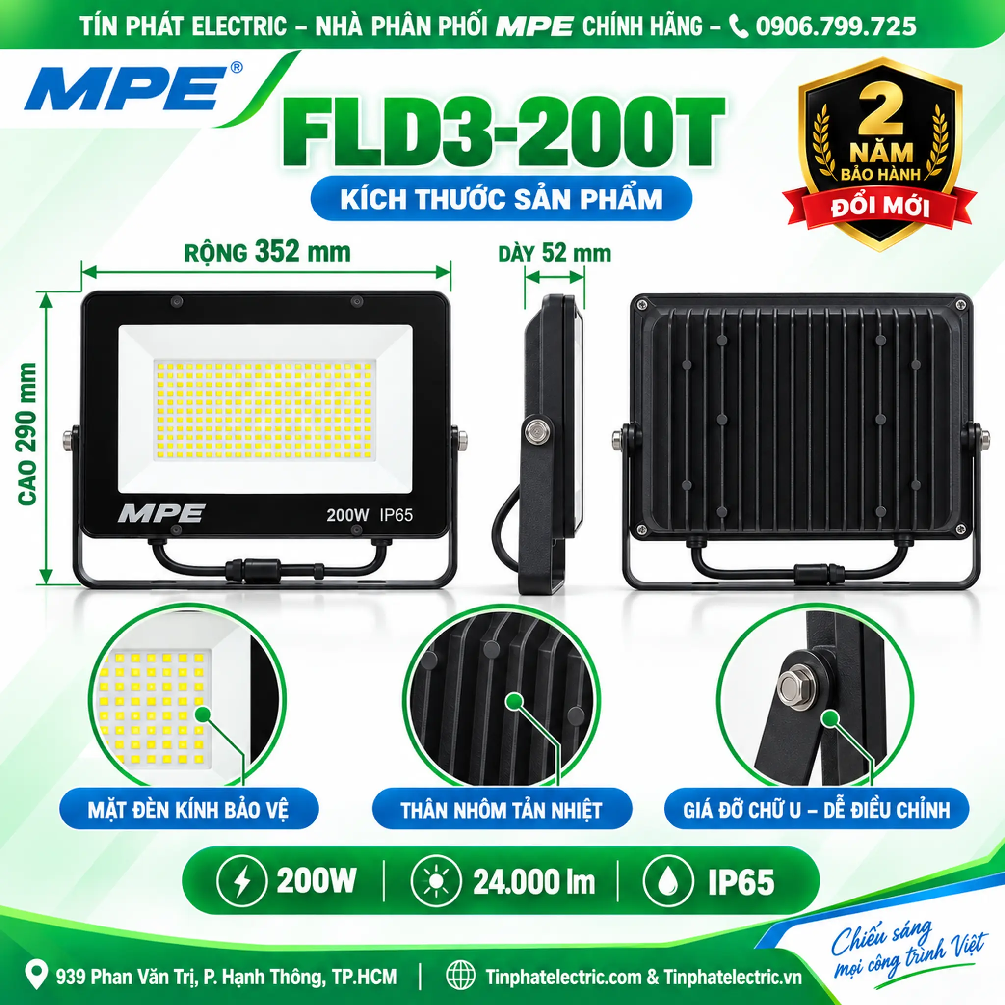 FLD3-200T - Đèn LED pha MPE FLD3 200W ánh sáng trắng