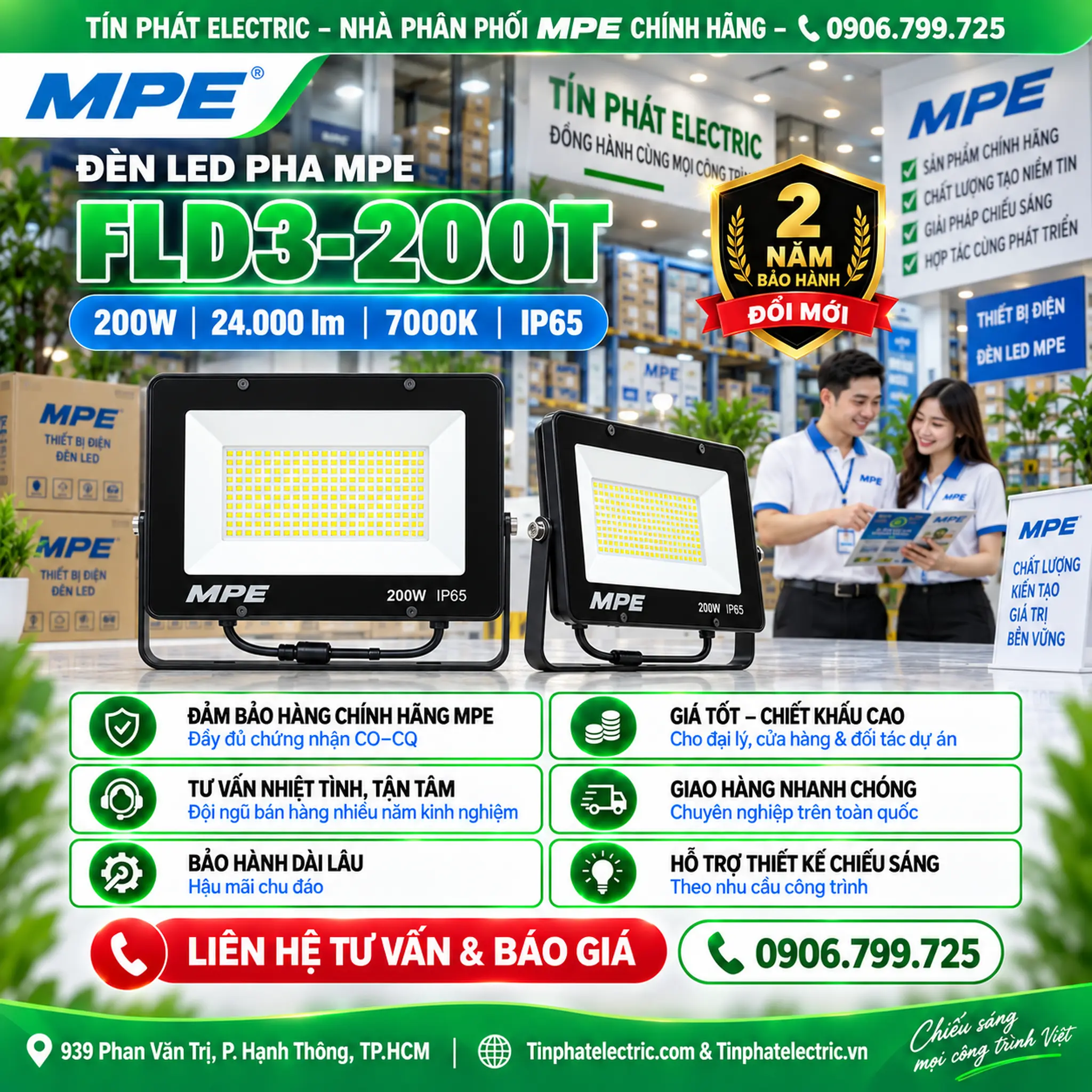 FLD3-200T - Đèn LED pha MPE FLD3 200W ánh sáng trắng