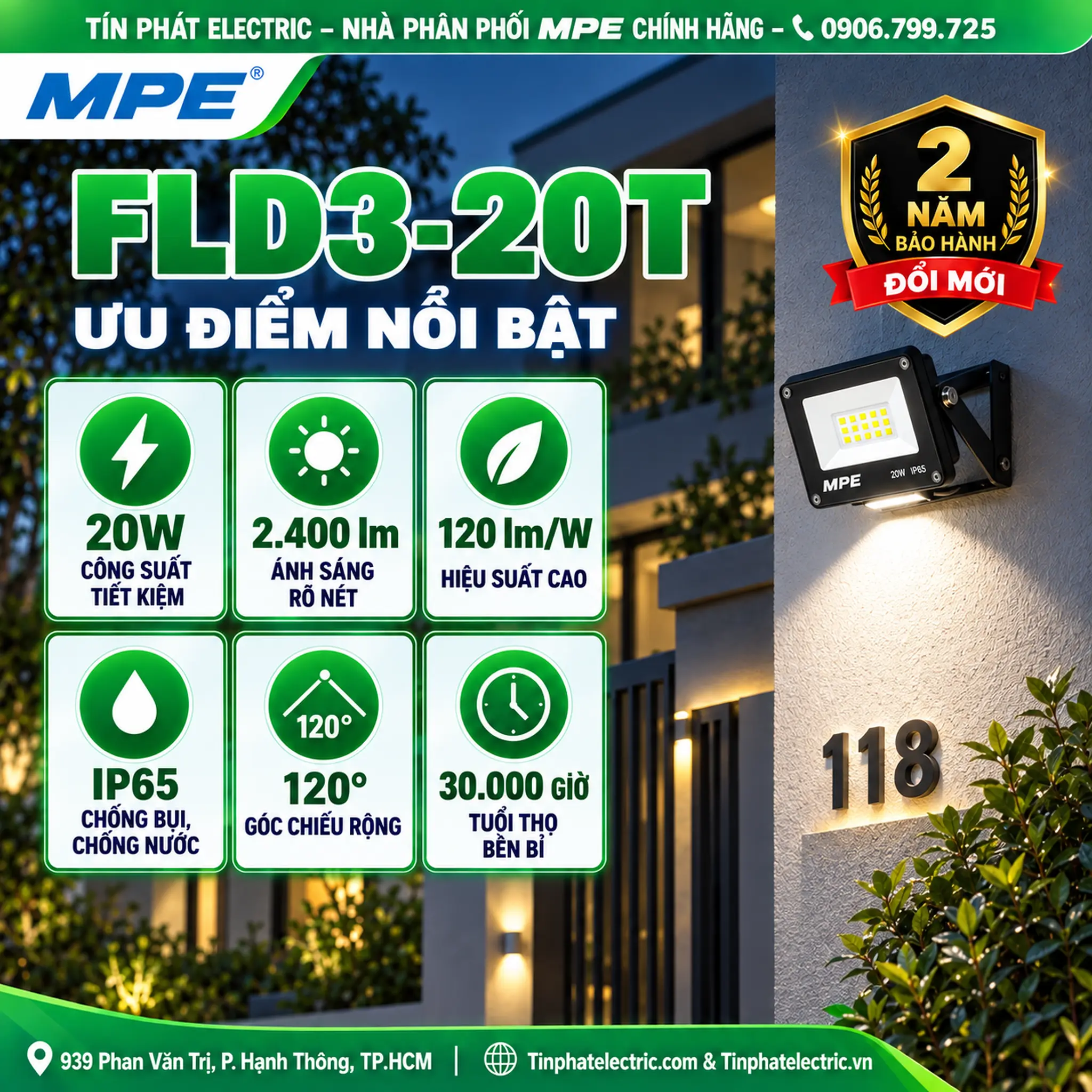 FLD3-20T - Đèn LED pha MPE FLD3 20W ánh sáng trắng