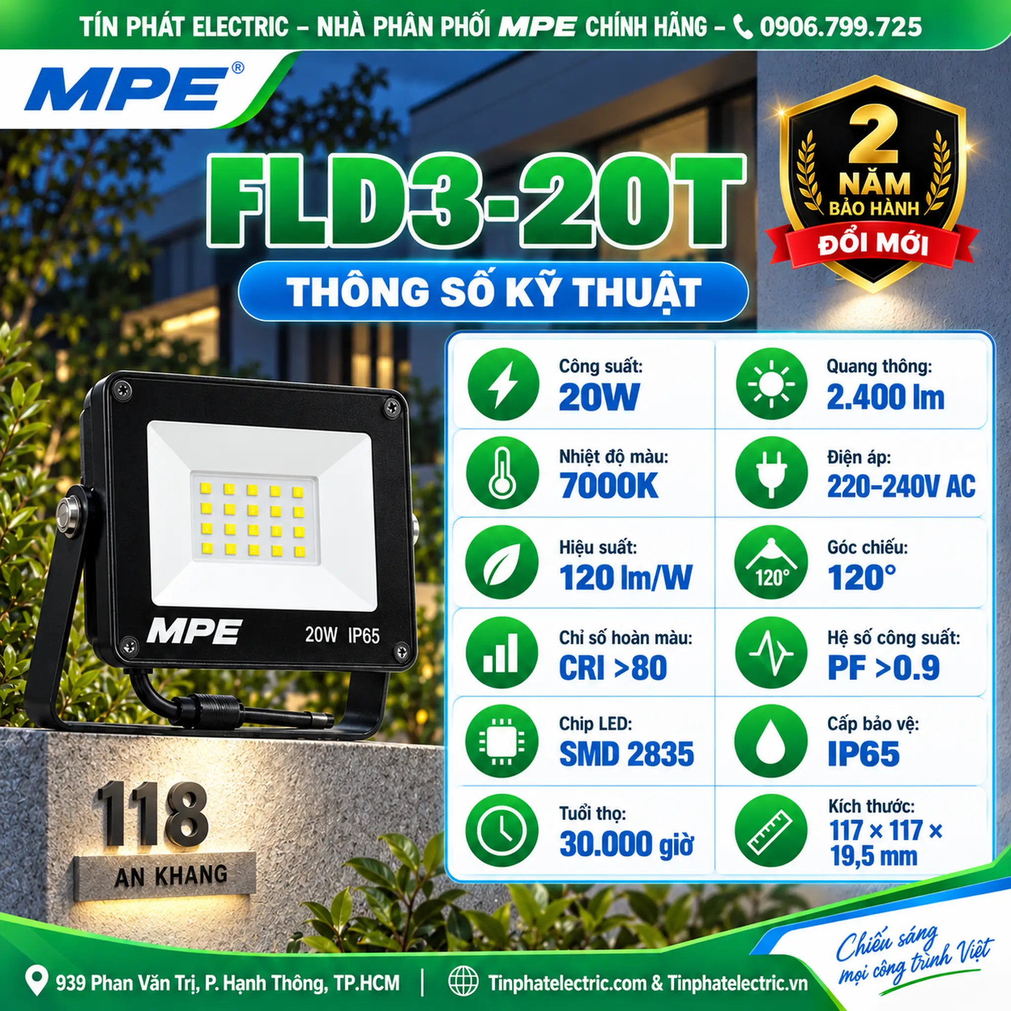 FLD3-20T - Đèn LED pha MPE FLD3 20W ánh sáng trắng
