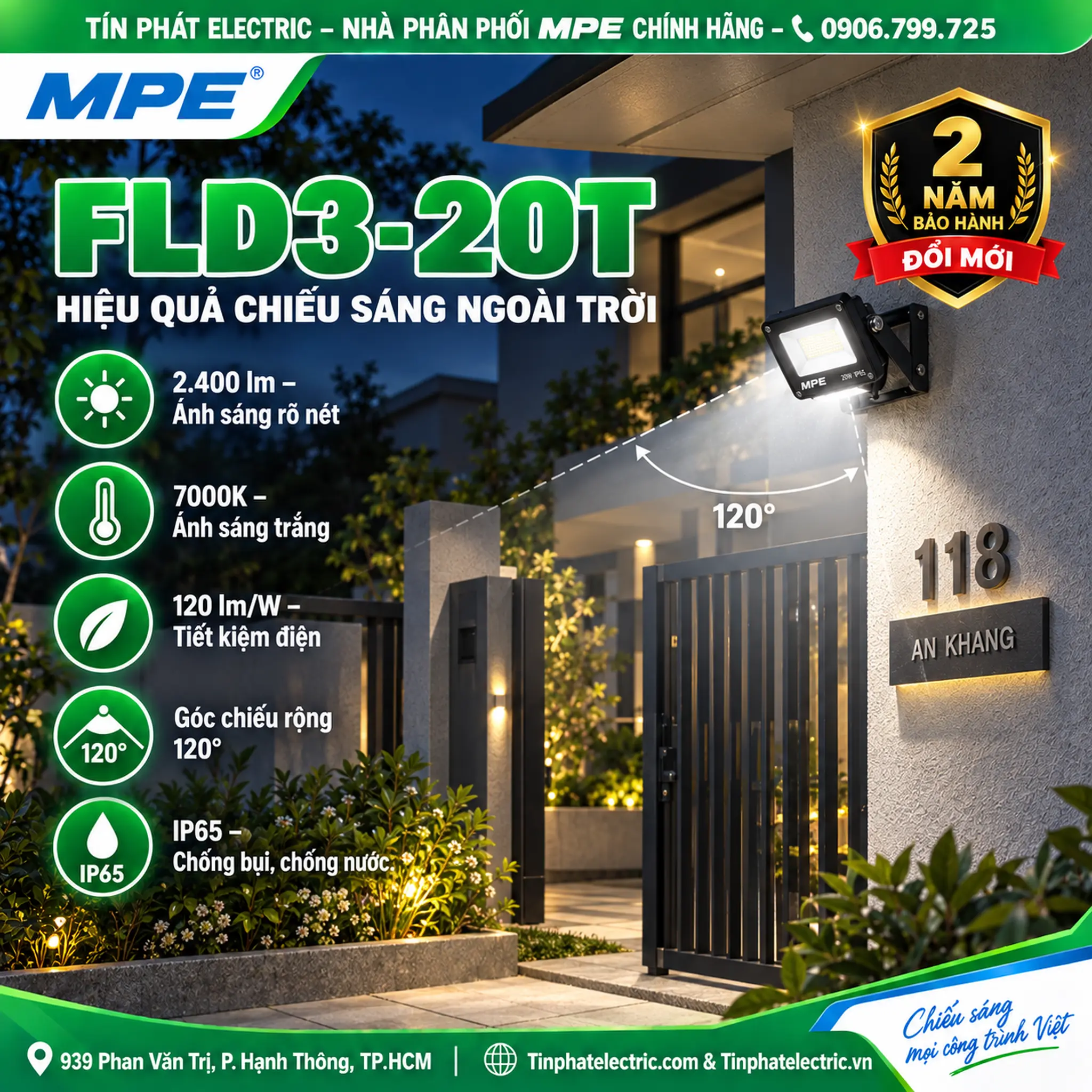 FLD3-20T - Đèn LED pha MPE FLD3 20W ánh sáng trắng