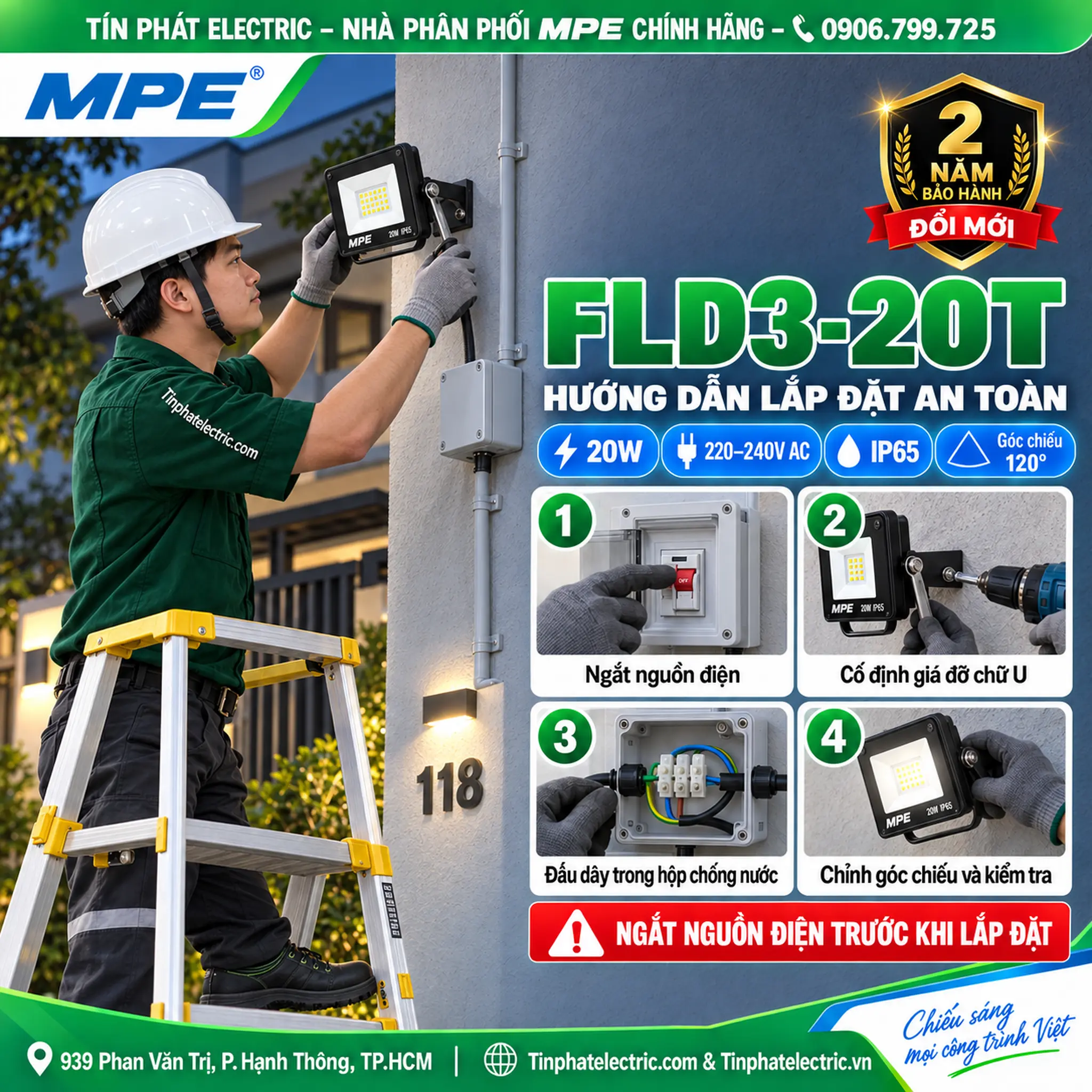 FLD3-20T - Đèn LED pha MPE FLD3 20W ánh sáng trắng