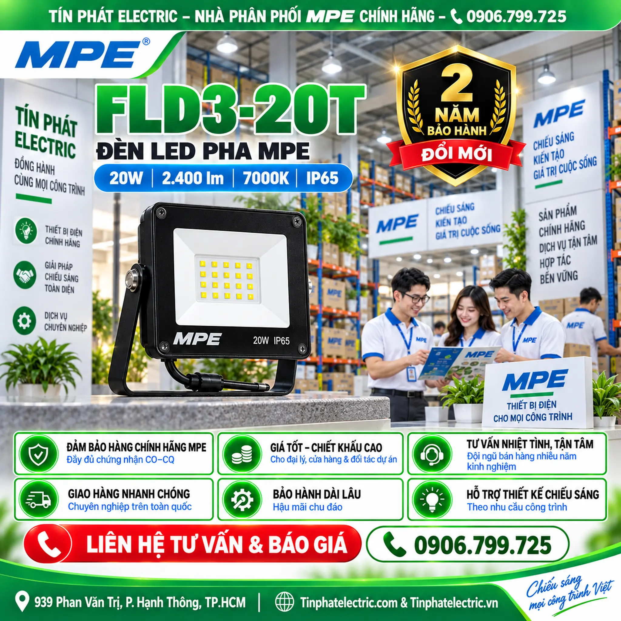 FLD3-20T - Đèn LED pha MPE FLD3 20W ánh sáng trắng