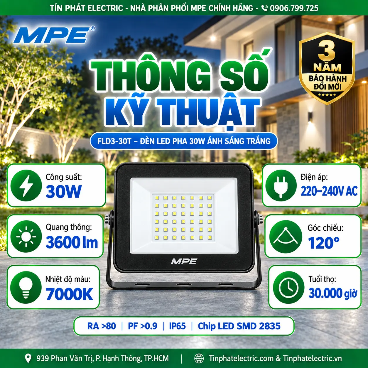 FLD3-30T - Đèn LED pha MPE FLD3 30W ánh sáng trắng