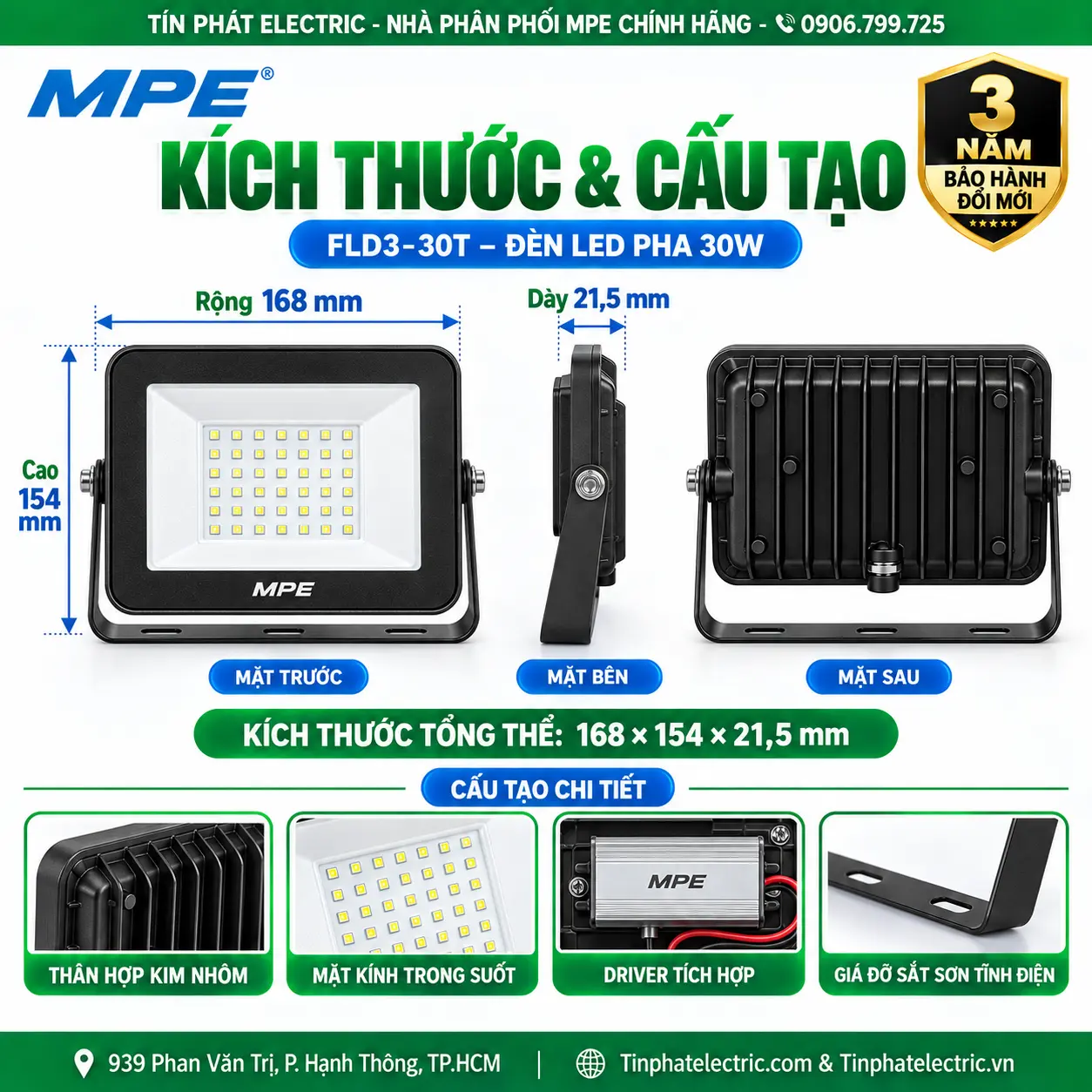 FLD3-30T - Đèn LED pha MPE FLD3 30W ánh sáng trắng