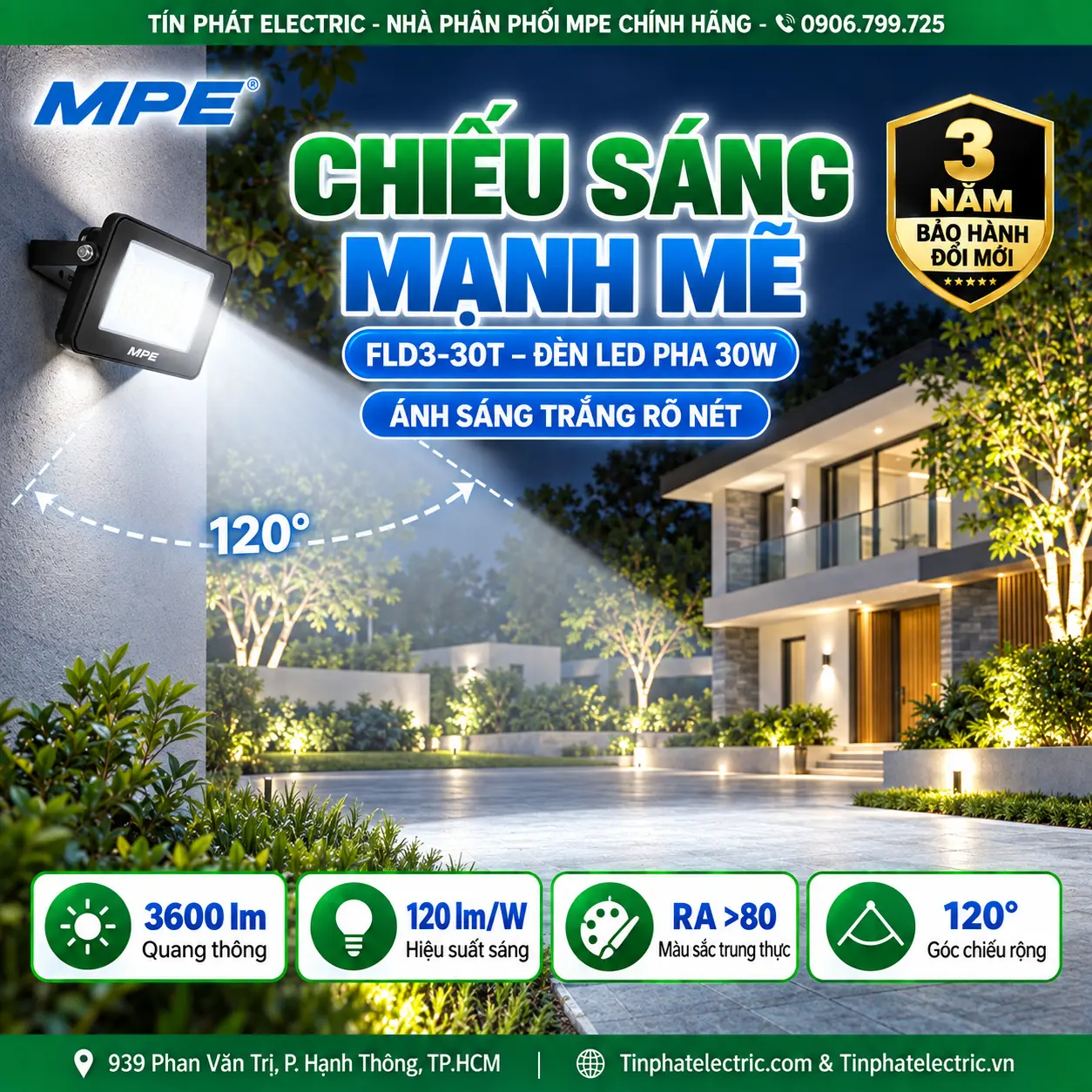 FLD3-30T - Đèn LED pha MPE FLD3 30W ánh sáng trắng