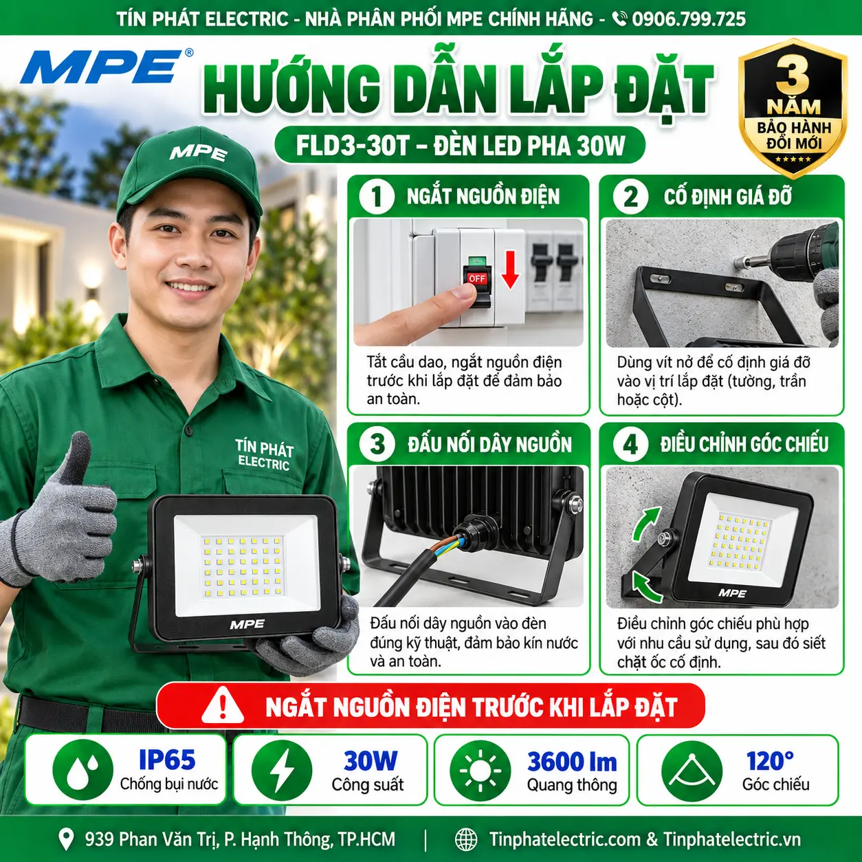 FLD3-30T - Đèn LED pha MPE FLD3 30W ánh sáng trắng