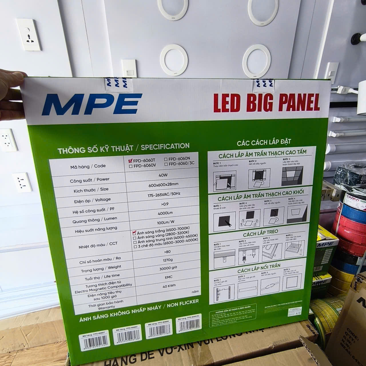 LED BIG PANEL FPD-6060 ( Đèn led MPE panel 40W, Size 600x600x35mm, 2 loại ánh sáng Trắng, Trung tính )