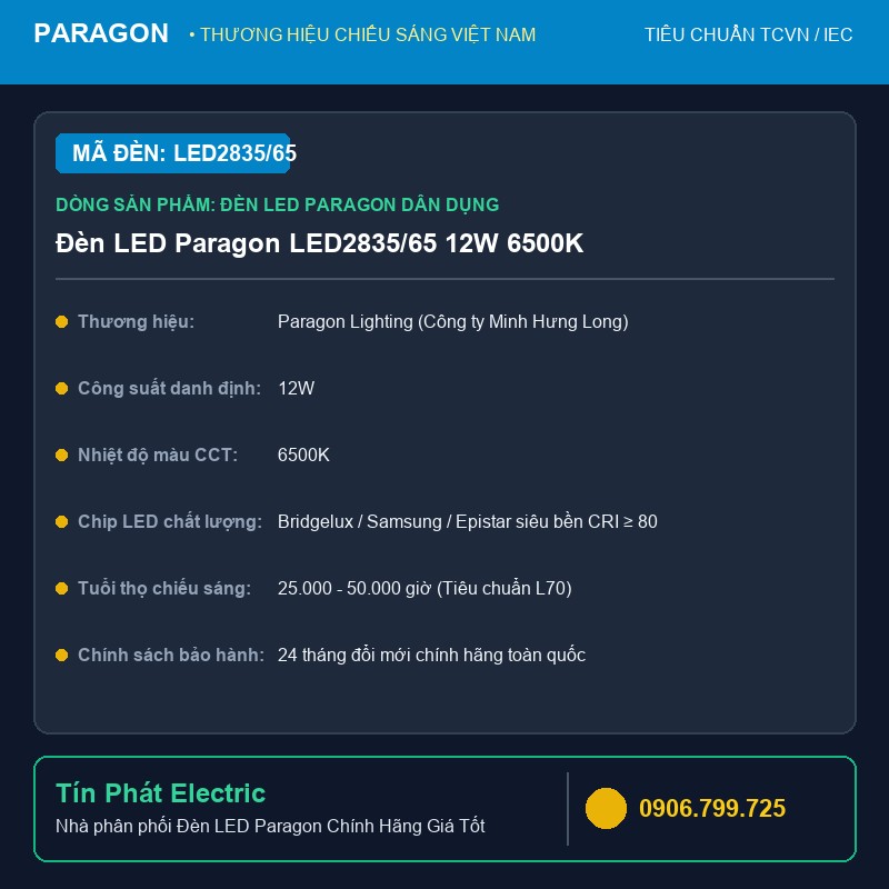 LED2835/65 - Đèn LED Paragon LED2835/65 12W 6500K