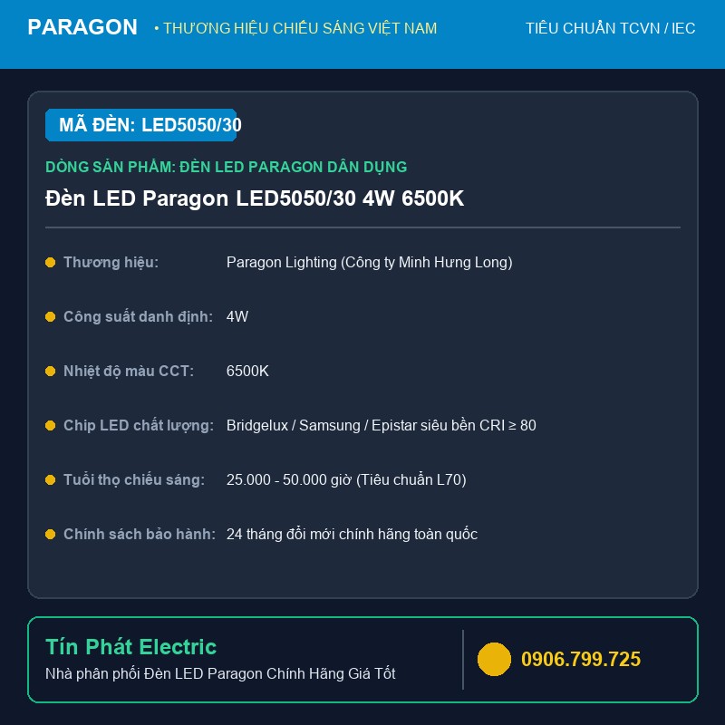 LED5050/30 - Đèn LED Paragon LED5050/30 4W 6500K