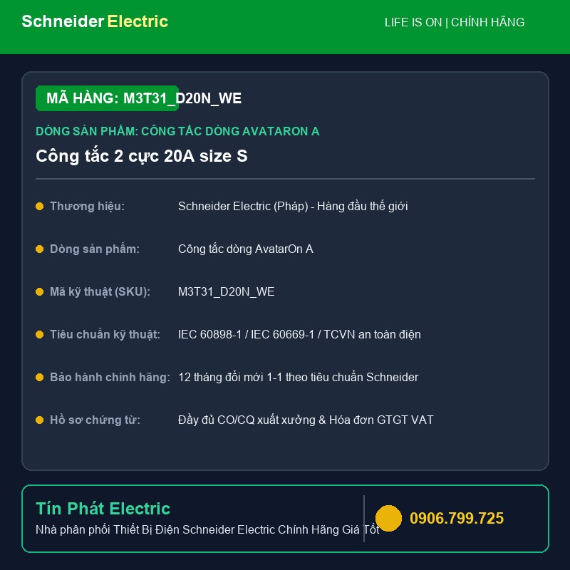 M3T31_D20N_WE - Thiết Bị Điện Schneider M3T31_D20N_WE - Công tắc 2 cực 20A size S