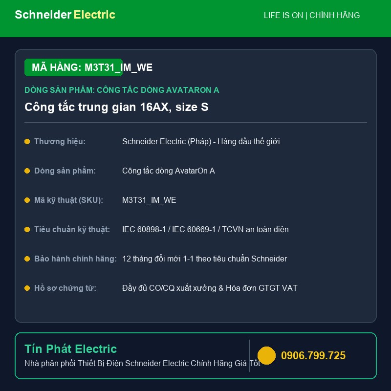 M3T31_IM_WE - Thiết Bị Điện Schneider M3T31_IM_WE - Công tắc trung gian 16AX, size S