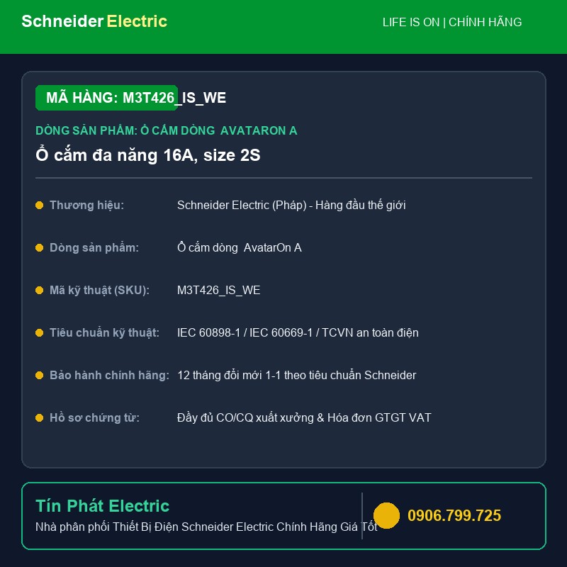 M3T426_IS_WE - Thiết Bị Điện Schneider M3T426_IS_WE - Ổ cắm đa năng 16A, size 2S