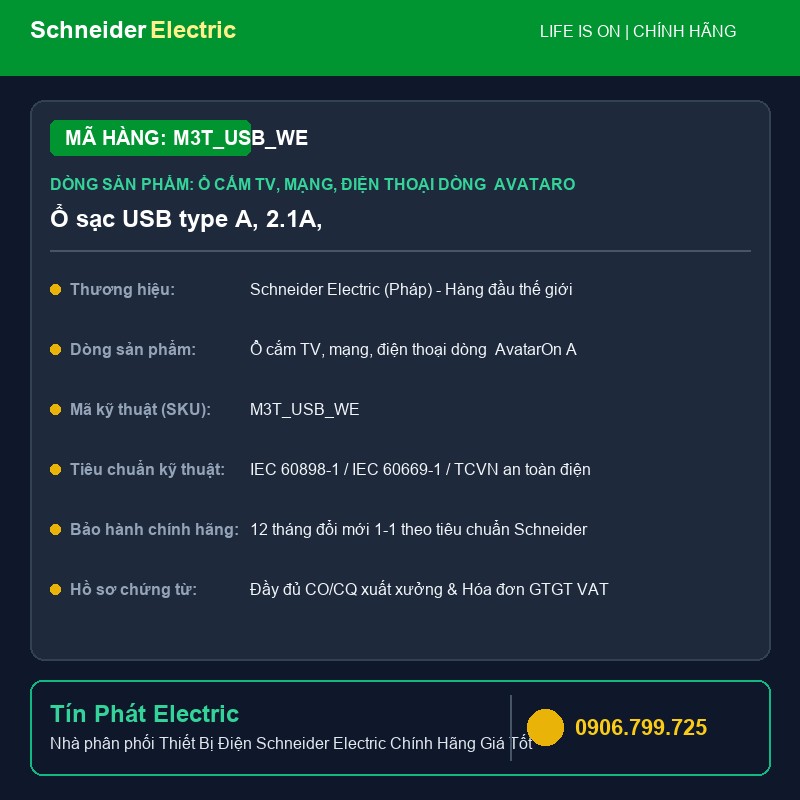 M3T_USB_WE - Thiết Bị Điện Schneider M3T_USB_WE - Ổ sạc USB type A, 2.1A,