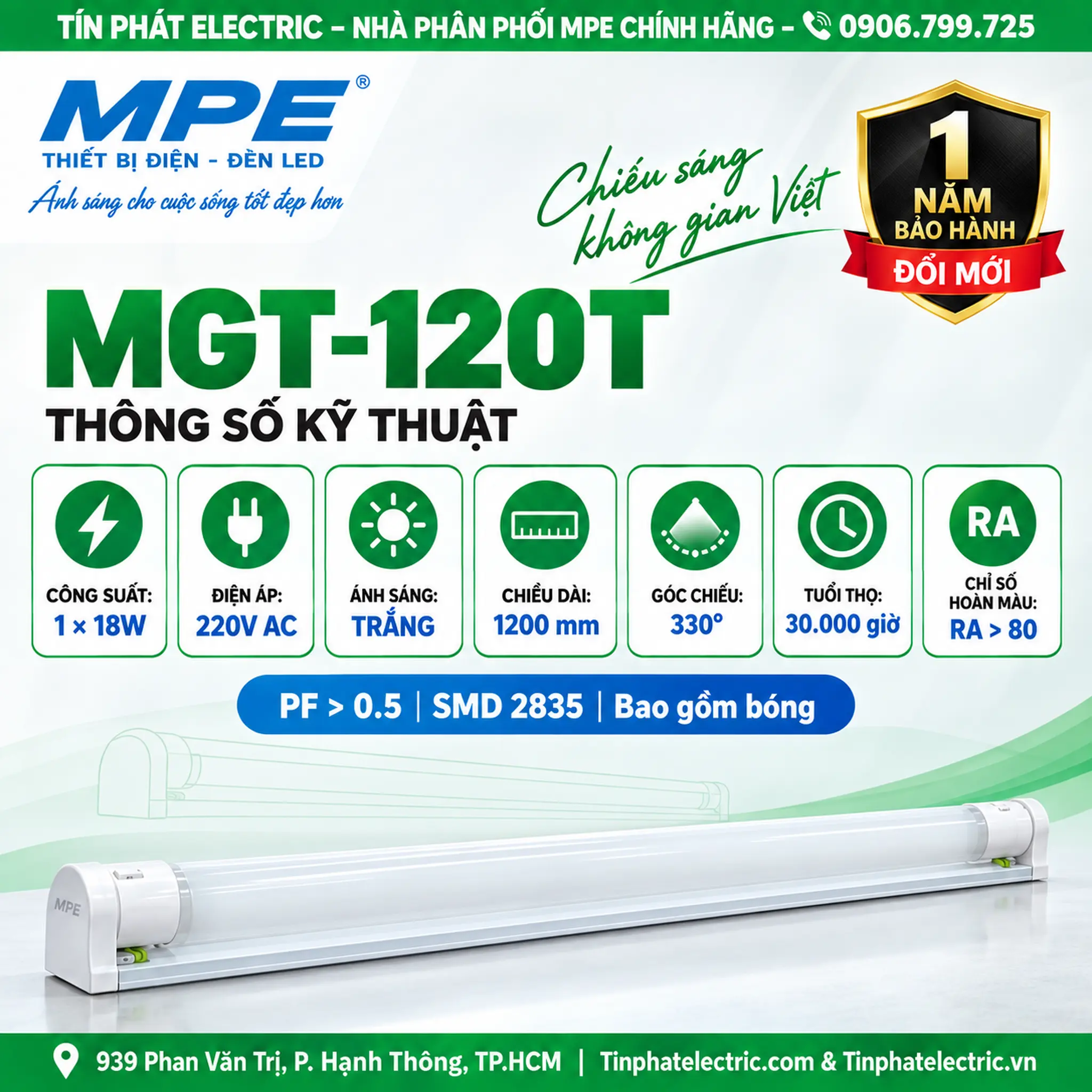 MGT-120T (Bộ led tube thủy tinh đơn 1.2m trắng)