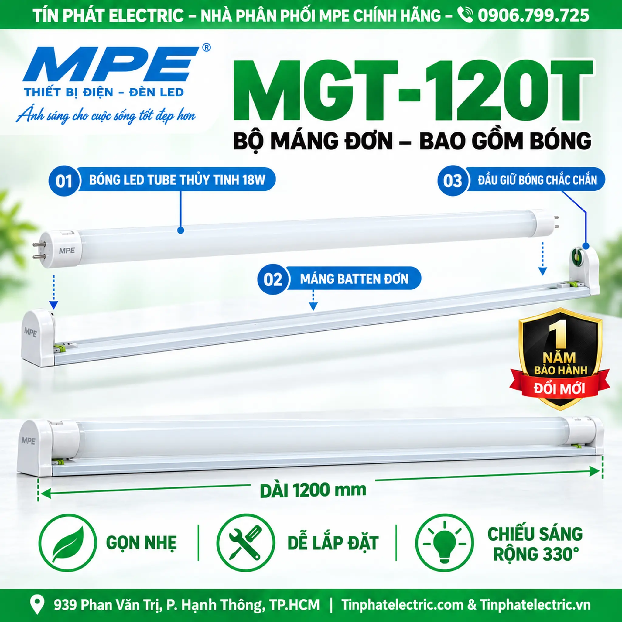 MGT-120T (Bộ led tube thủy tinh đơn 1.2m trắng)