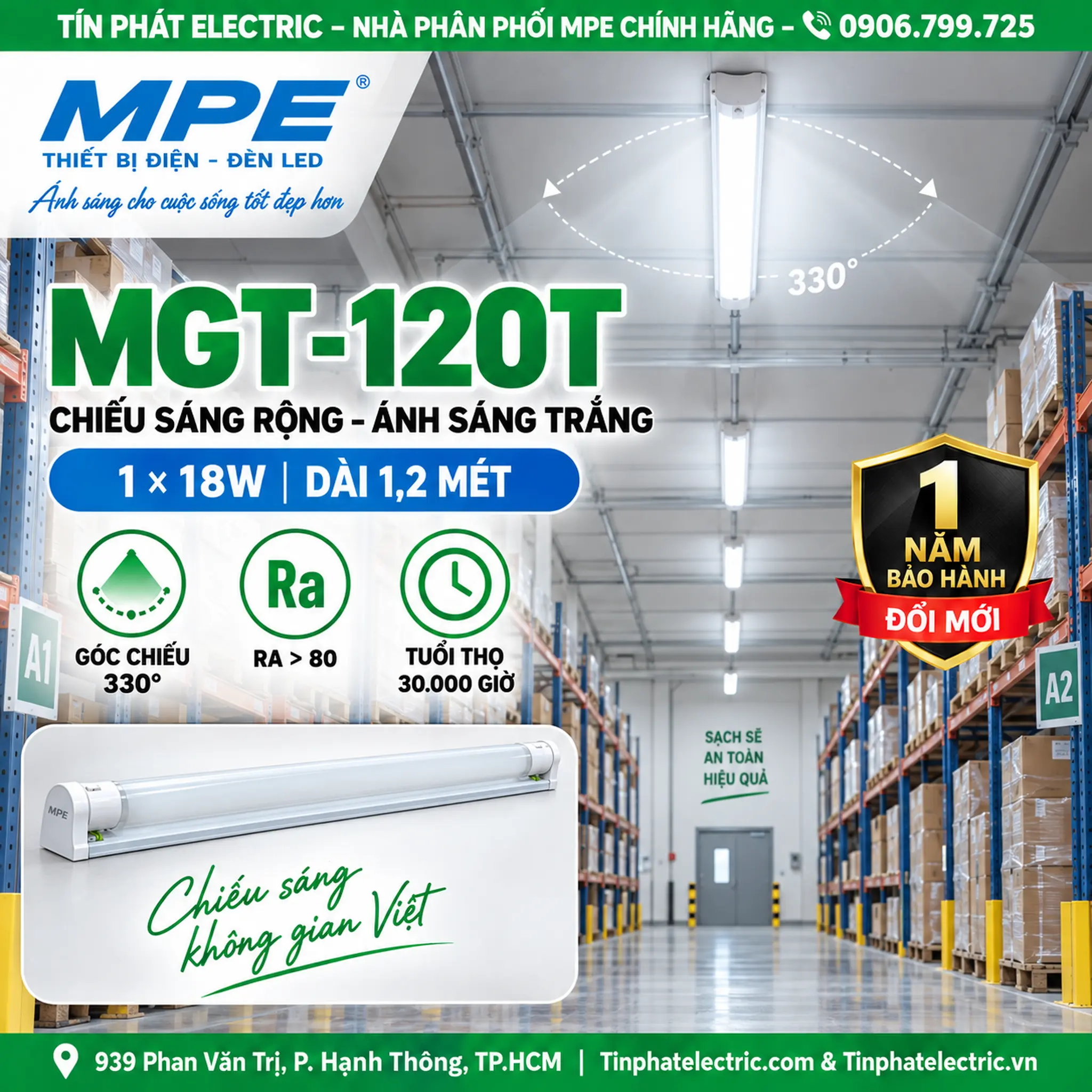 MGT-120T (Bộ led tube thủy tinh đơn 1.2m trắng)