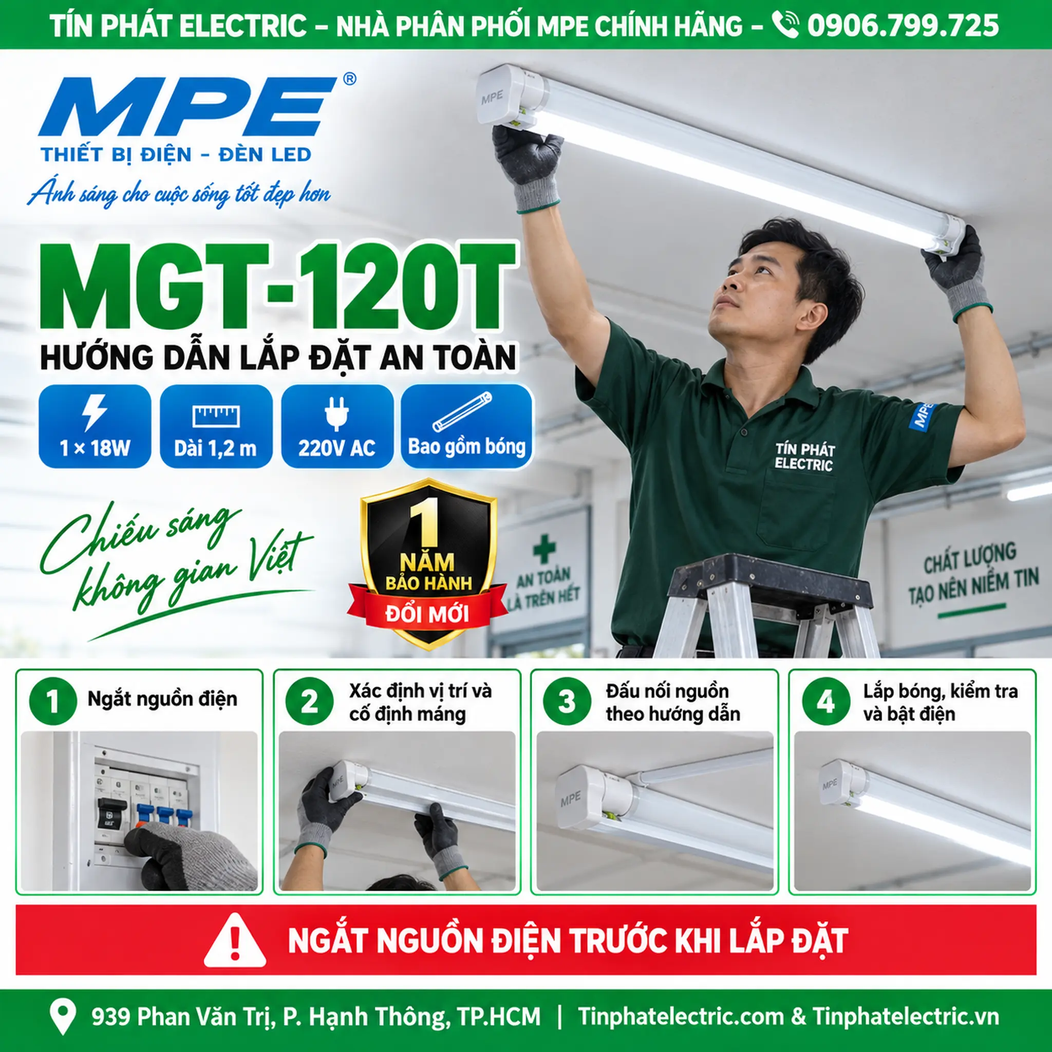 MGT-120T (Bộ led tube thủy tinh đơn 1.2m trắng)
