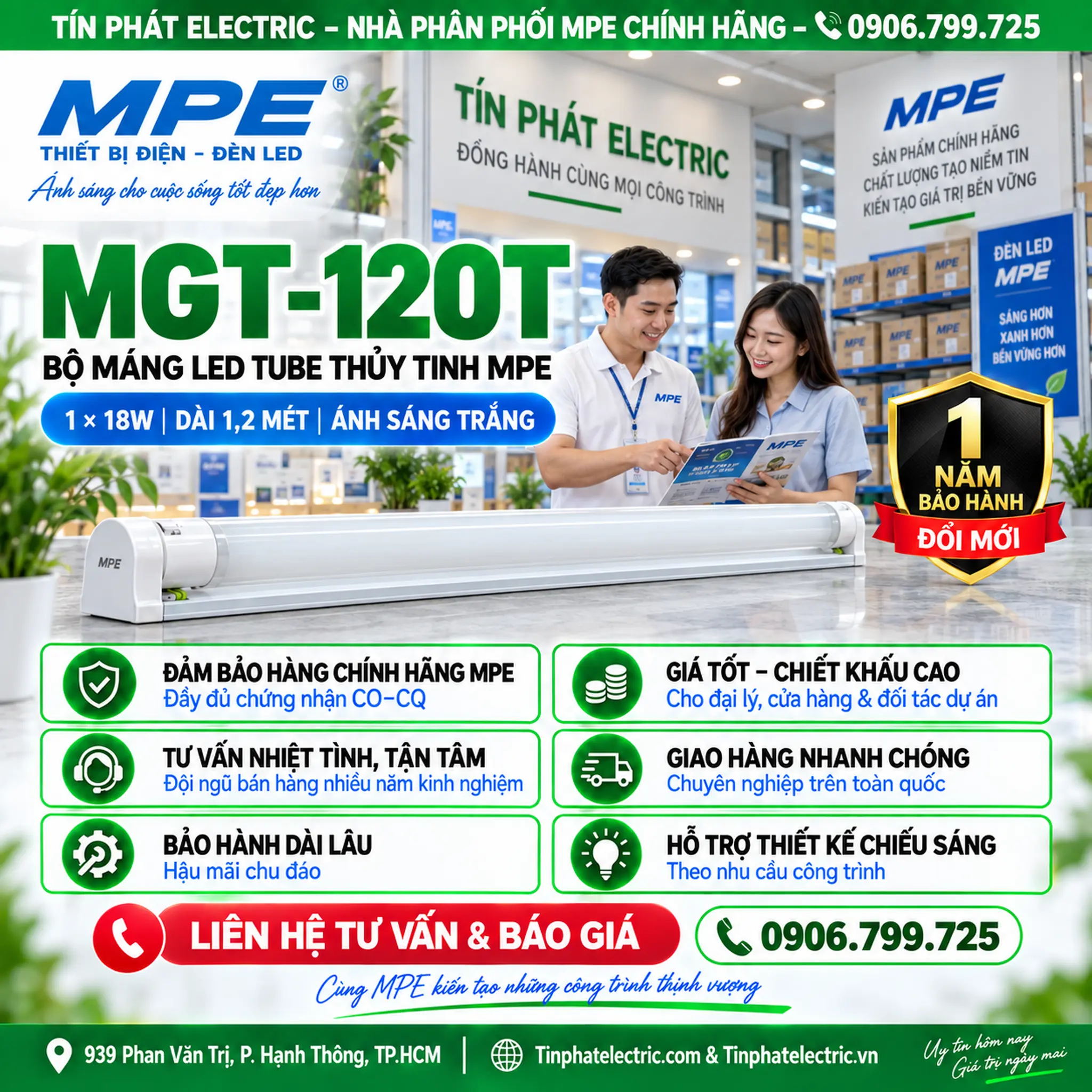 MGT-120T (Bộ led tube thủy tinh đơn 1.2m trắng)
