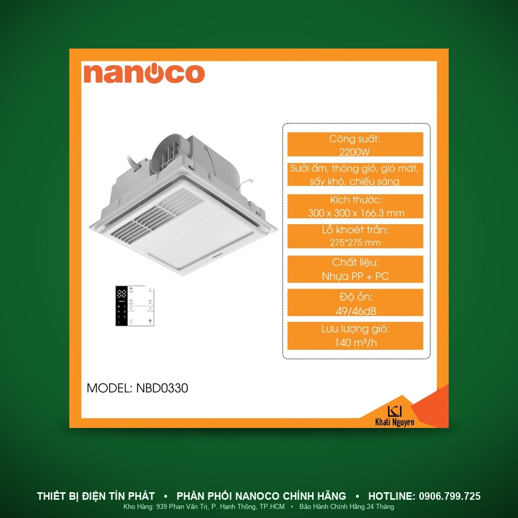 NBD350 - NBD350- Máy sưởi có thông gió, PTC 2200W, quạt hút 35W, đèn 13W - Nanoco