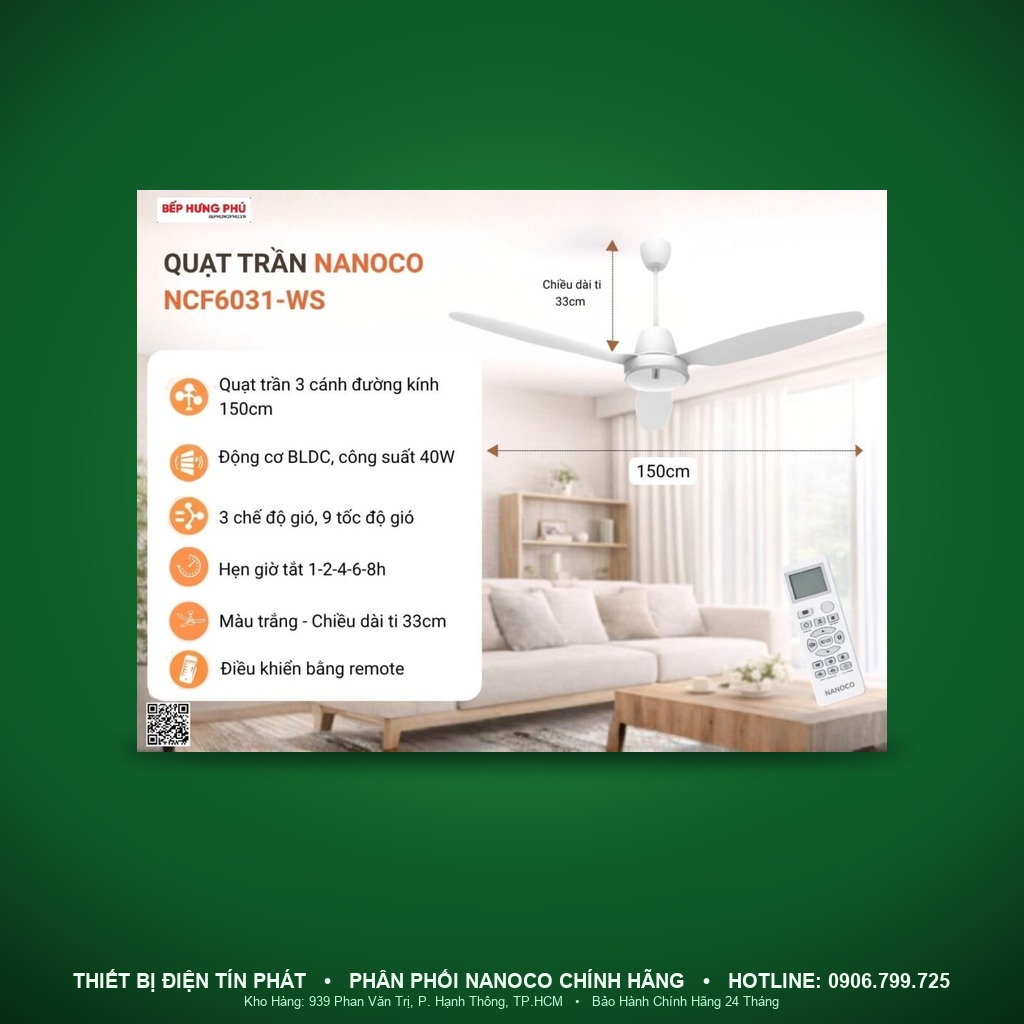 NCF6031-WS - NCF6031-WS- Quạt trần 3 cánh 40W, sải cánh 150cm, remote, trắng, ti 33cm - Nanoco