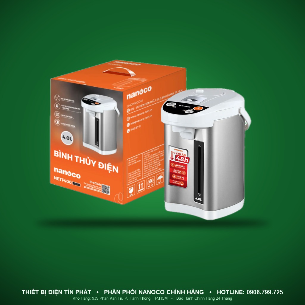 NETF400 - NETF400- Bình đun nước bình thủy điện bạc, 4L, 750W - Nanoco