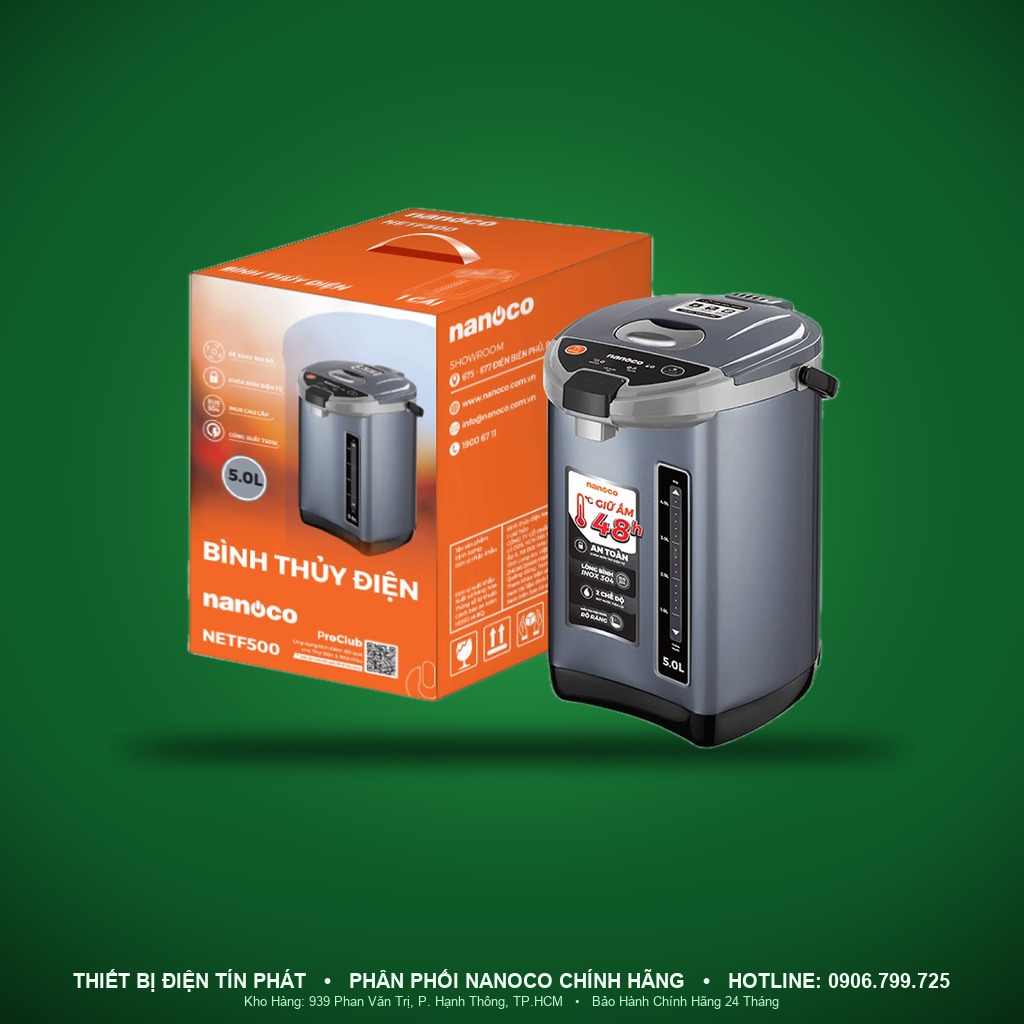 NETF500 - NETF500- Bình đun nước bình thủy điện xanh đen, 5L, 750W - Nanoco