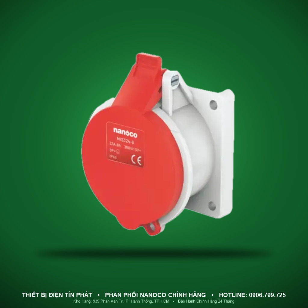 NIS324-6 - NIS324-6- Ổ cắm công nghiệp gắn âm dạng thẳng 32A - 4P - 400V - 6H - IP44 - Nanoco
