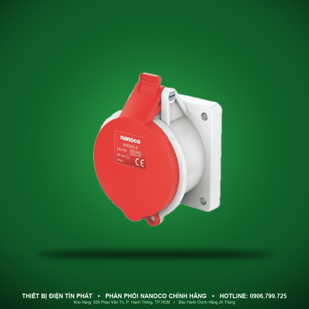 NIS325-6 - NIS325-6- Ổ cắm công nghiệp gắn âm dạng thẳng 32A - 5P - 400V - 6H - IP44 - Nanoco
