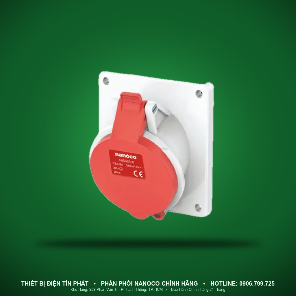 NIS424-6 - NIS424-6- Ổ cắm công nghiệp gắn âm dạng nghiêng 32A - 4P - 400V - 6H - IP44 - Nanoco