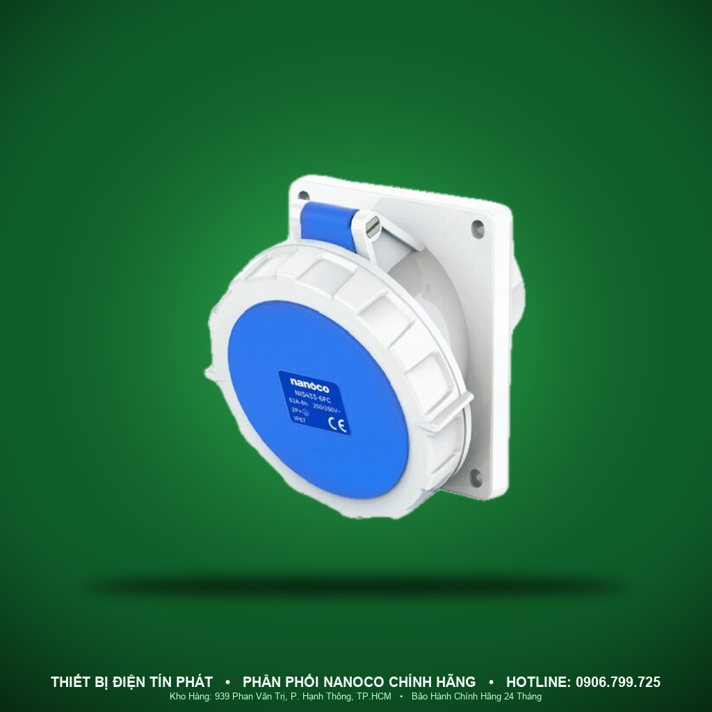 NIS433-6FC - NIS433-6FC- Ổ cắm công nghiệp gắn âm dạng nghiêng kín nước 63A - 3P - 230V - 6H - IP67 - Nanoco