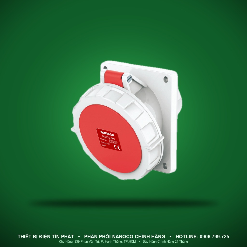 NIS434-6FC - NIS434-6FC- Ổ cắm công nghiệp gắn âm dạng nghiêng kín nước 63A - 4P - 400V - 6H - IP67 - Nanoco