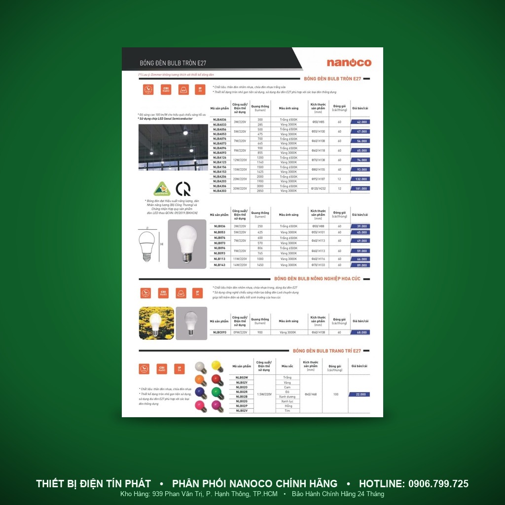NLBA093 - NLBA093 – Đèn LED Bulb tròn E27 9W 3000K - Nanoco