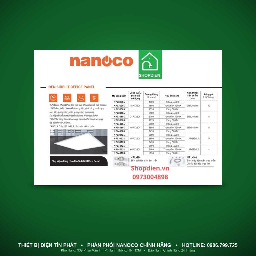 NPL60123 - NPL60123 – Đèn Sidelit Office Panel, 60W, vàng 3000K - Nanoco