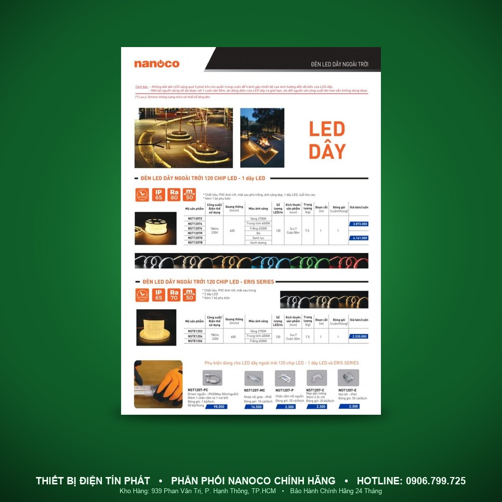 NST1207G - NST1207G – Đèn LED dây ngoài trời 120 LED/m 1 dãy 7W/m 230V xanh lục cuộn 50m, 14×7mm, 120 LED/m, cắt 1m IP65 - Nanoco