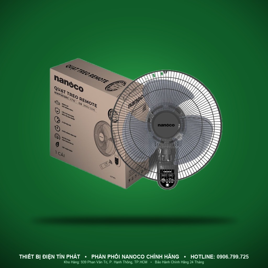 NWF1615RC-LG - NWF1615RC-LG- Quạt treo tường điều khiển từ xa 3 cánh, 40cm, 47W, xám nhạt - Nanoco