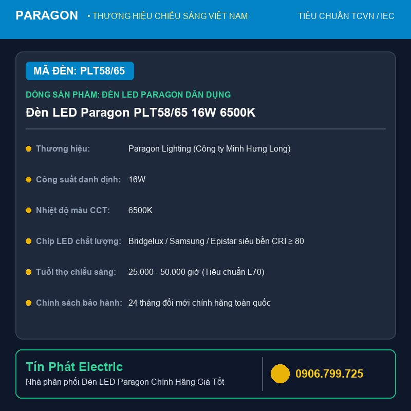 PLT58/65 - Đèn LED Paragon PLT58/65 16W 6500K
